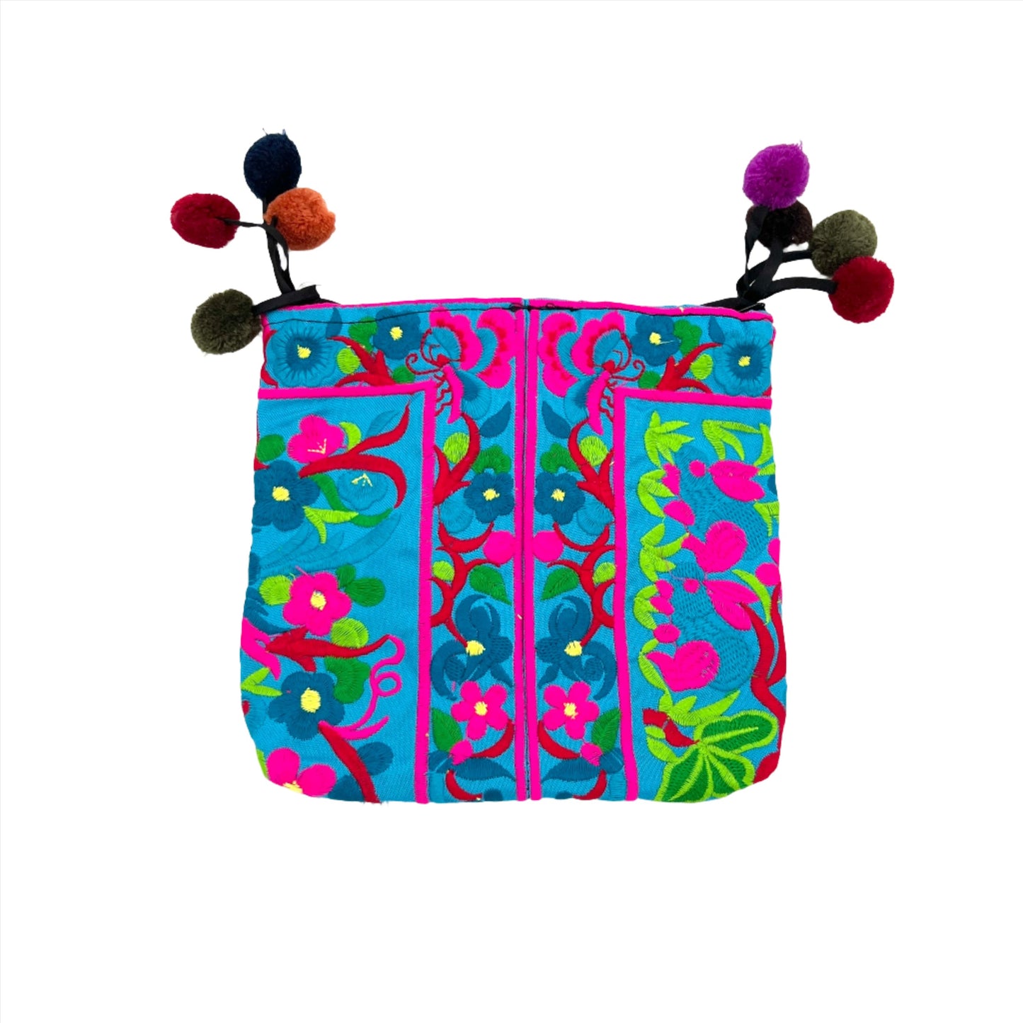 Embroidered Lotus Crossbody Bags w/ Pompoms