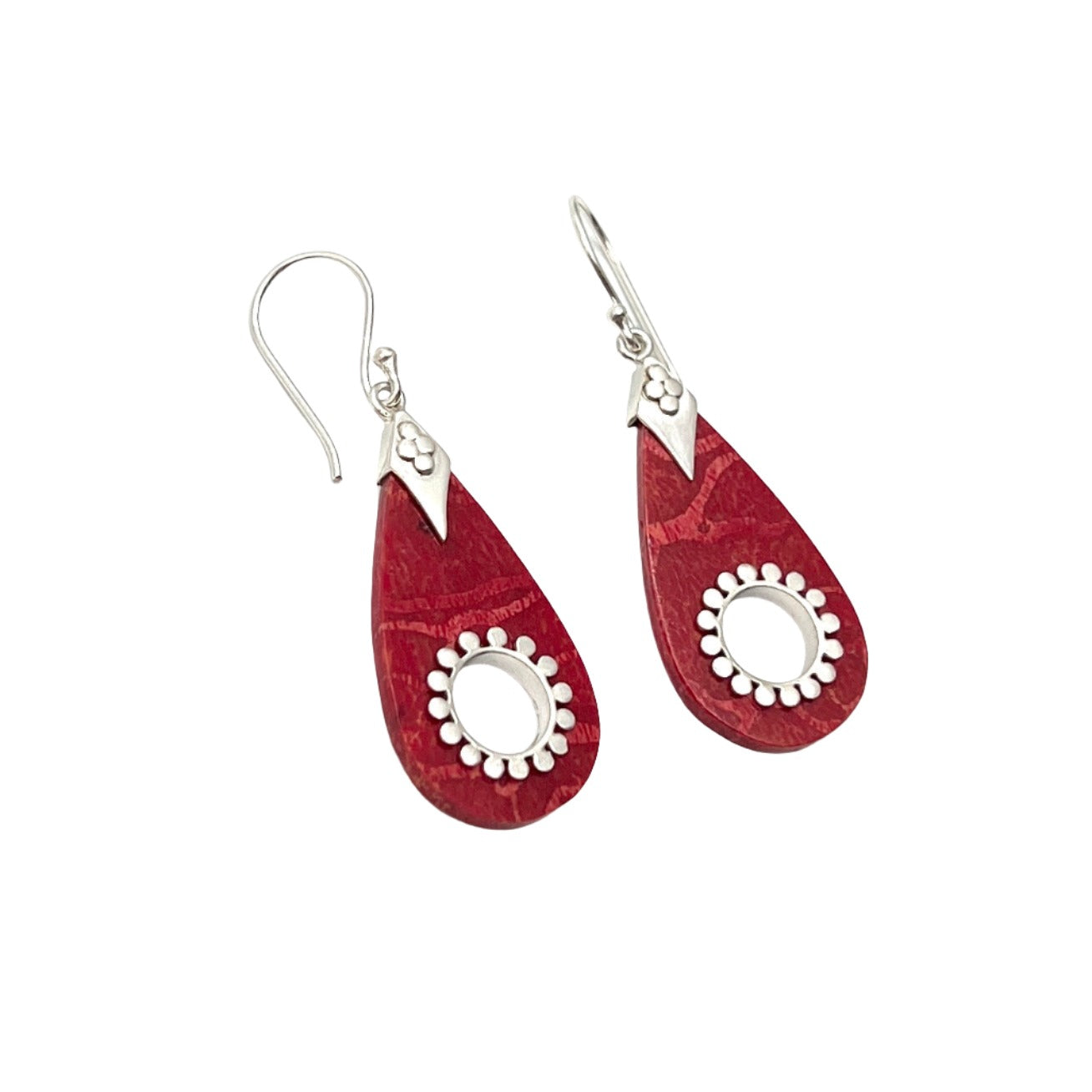 Sterling Silver Red Coral Teardrop Earrings