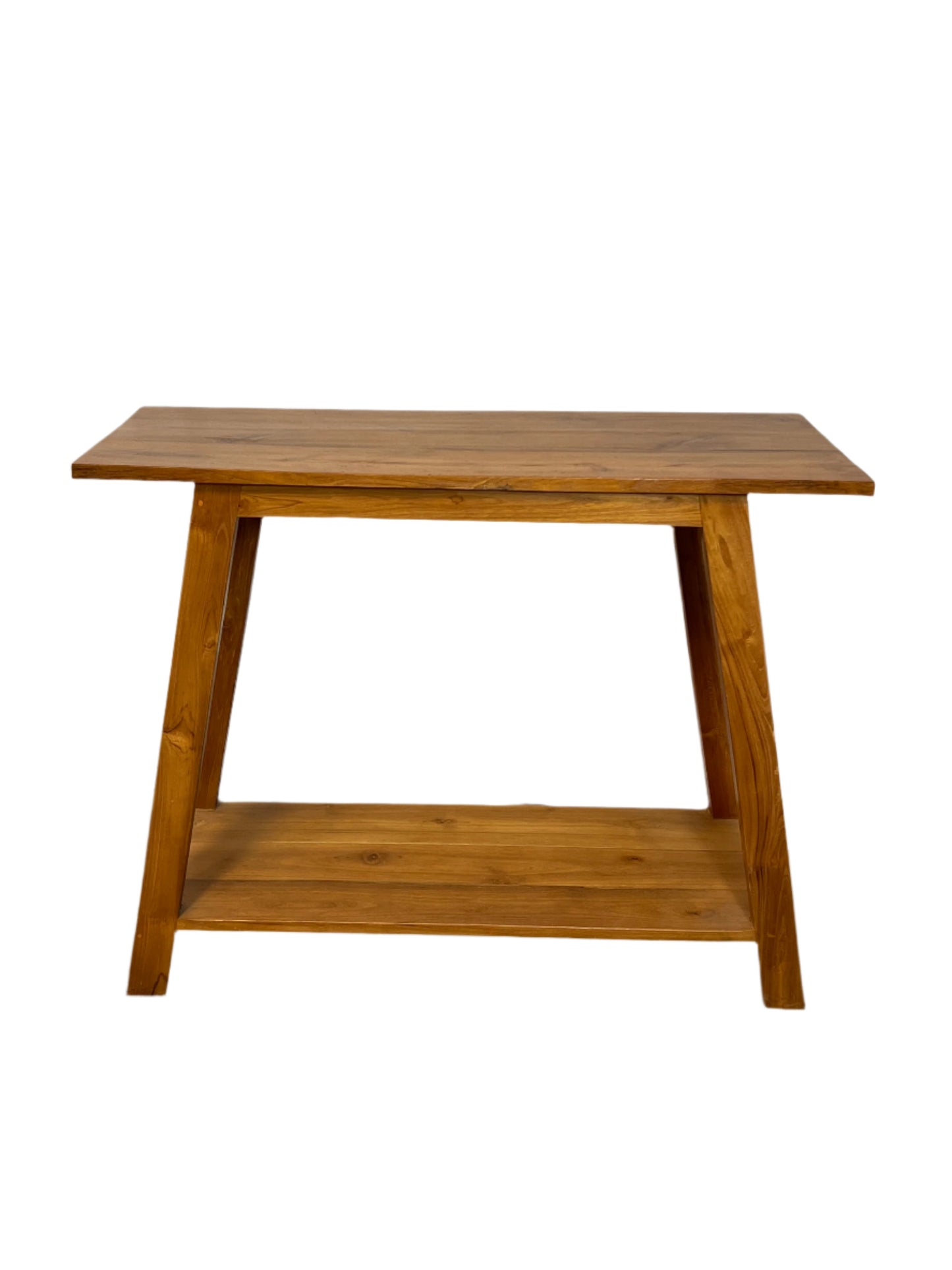 A rectangular teak wood two-tier console table with a lower shelf, featuring a natural wood finish.