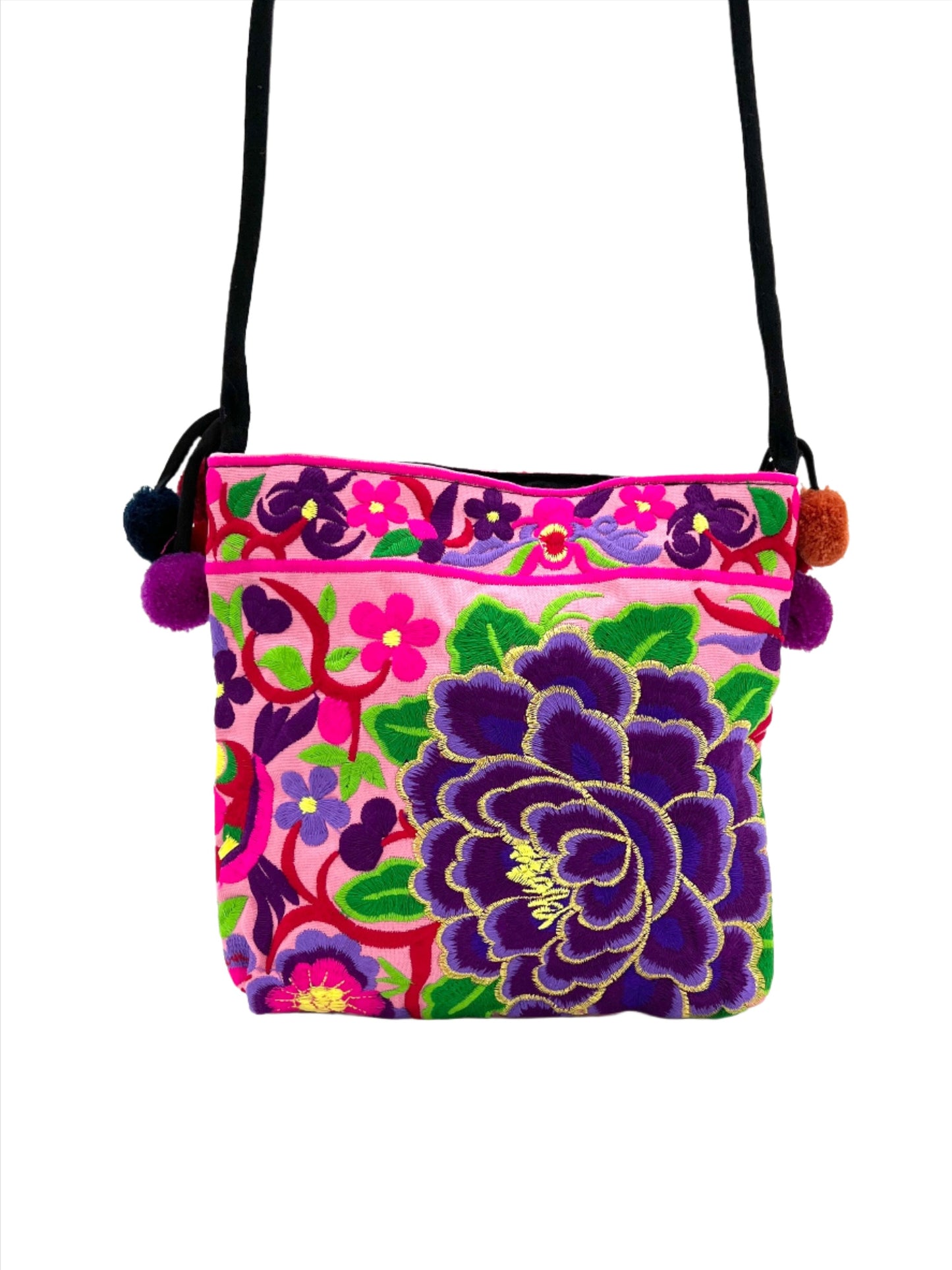 Embroidered Lotus Crossbody Bags w/ Pompoms