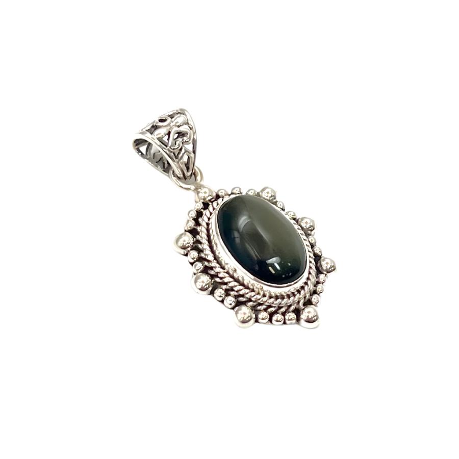 Sterling Silver Beaded Rainbow Obsidian Oval Pendants