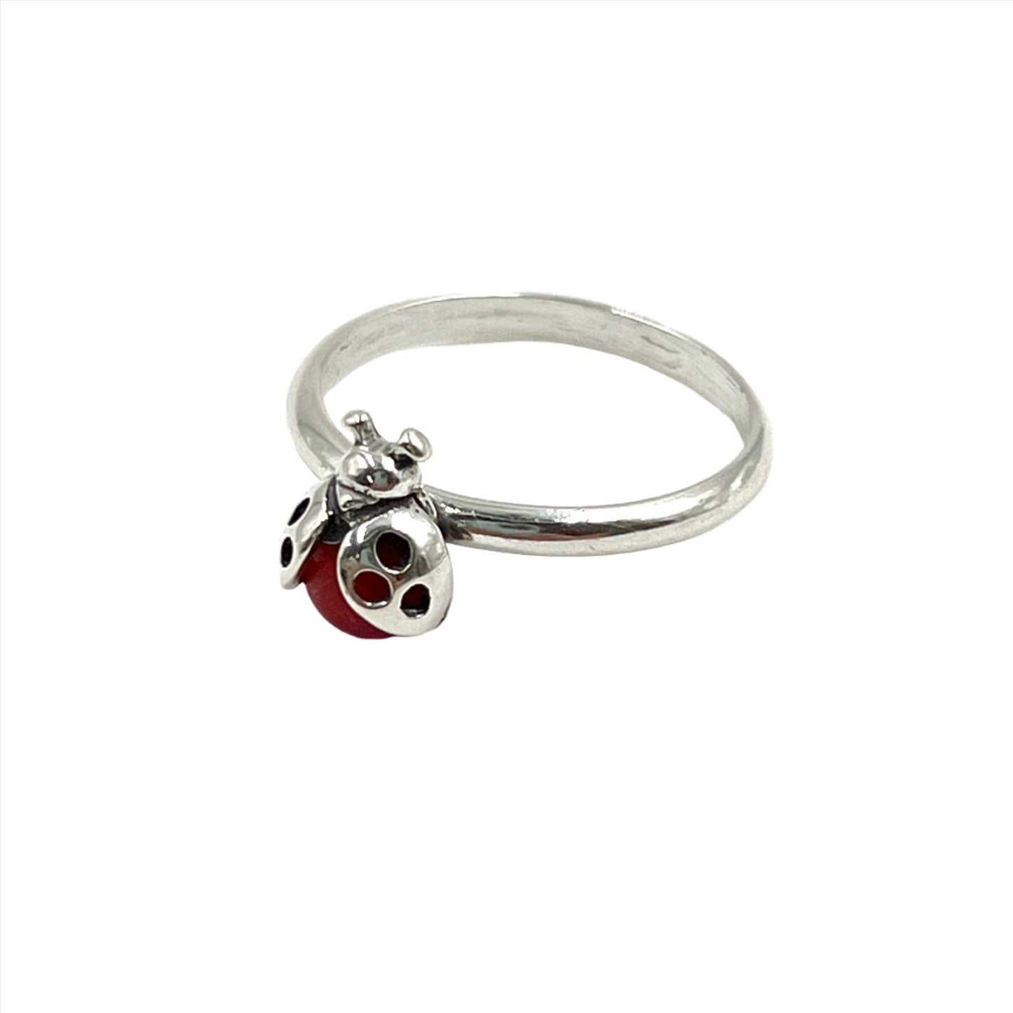 Coral LadyBug Sterling Silver Ring