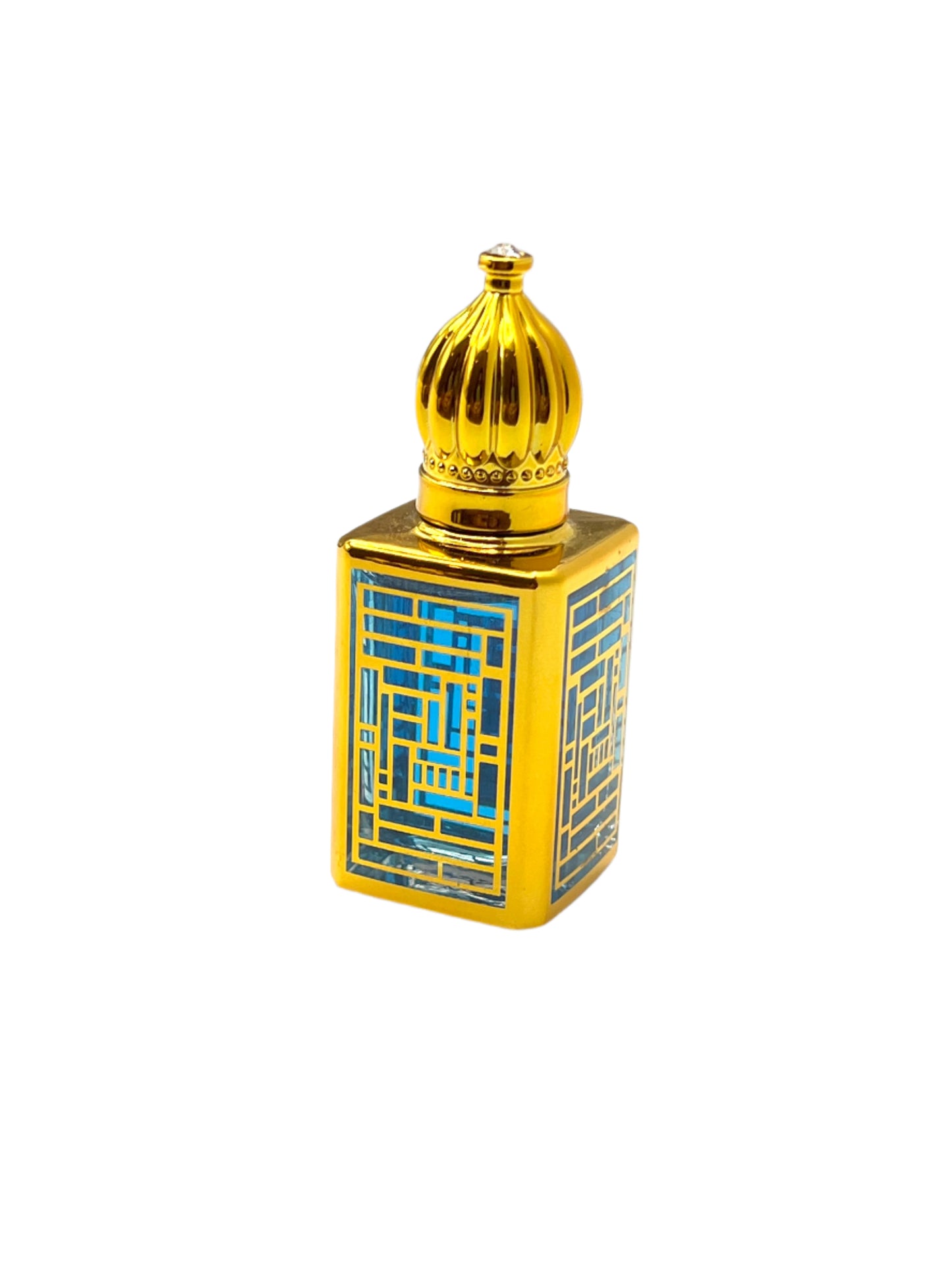 Gold and blue decorative bottle with geometric pattern on a white background