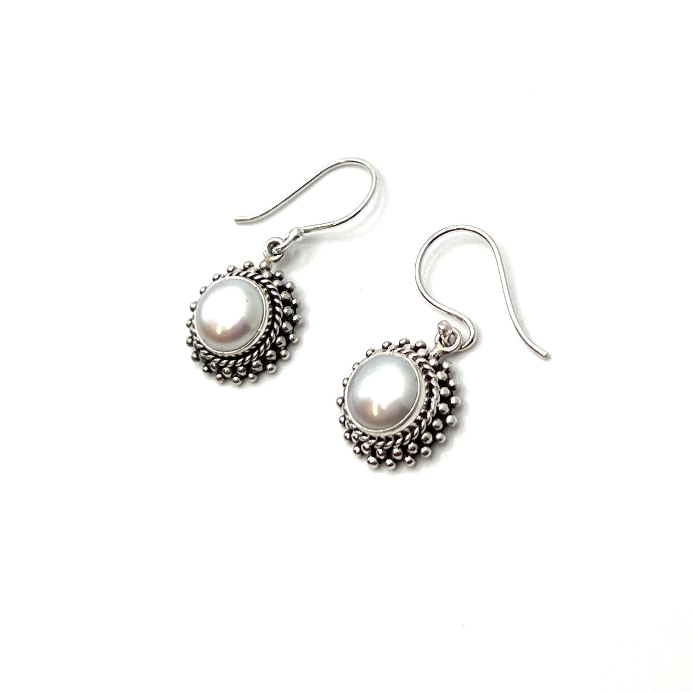 Sterling Silver Filigree Round Pearl Earrings