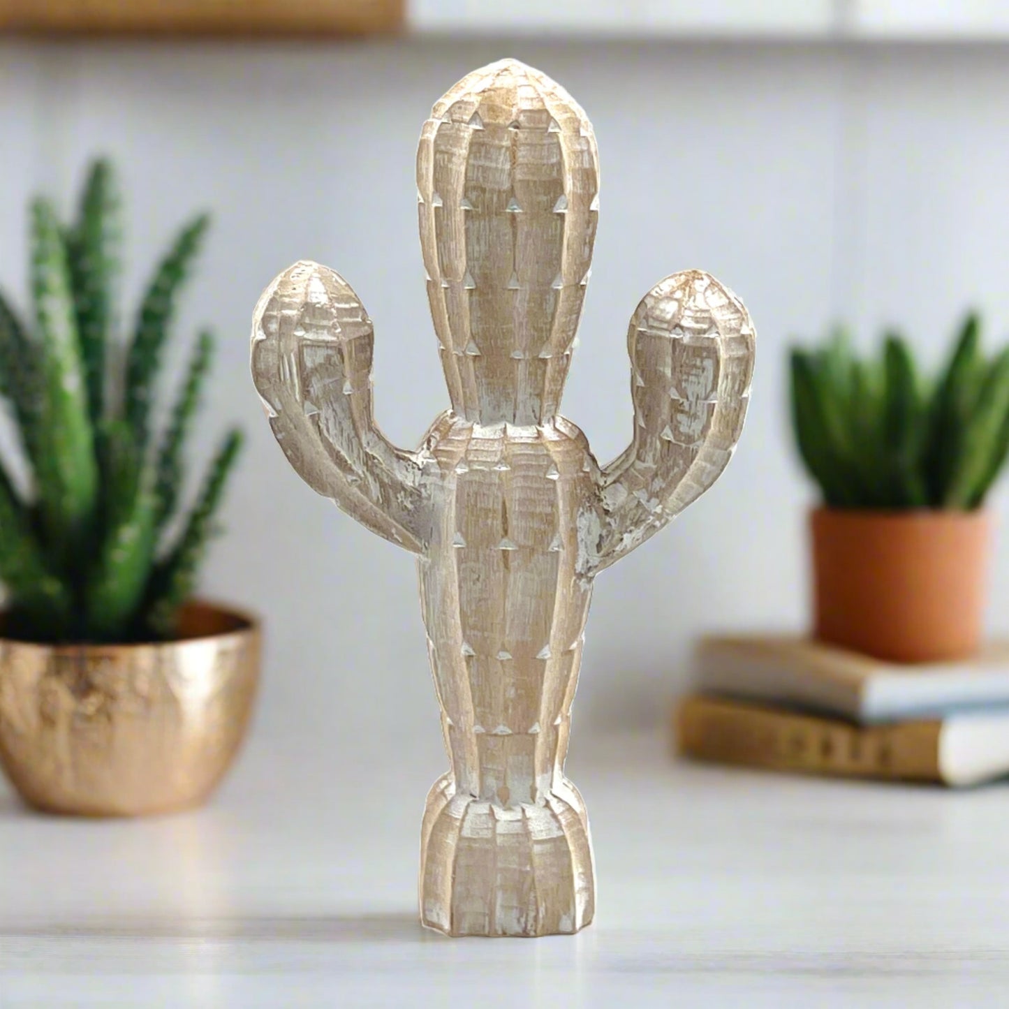 white wood carved cactus, front side
