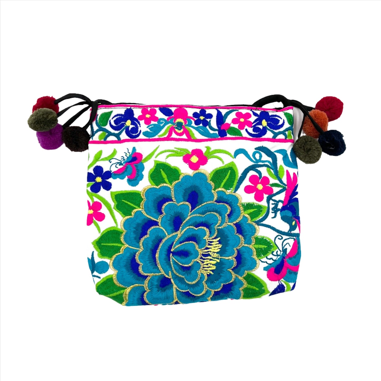Embroidered Lotus Crossbody Bags w/ Pompoms