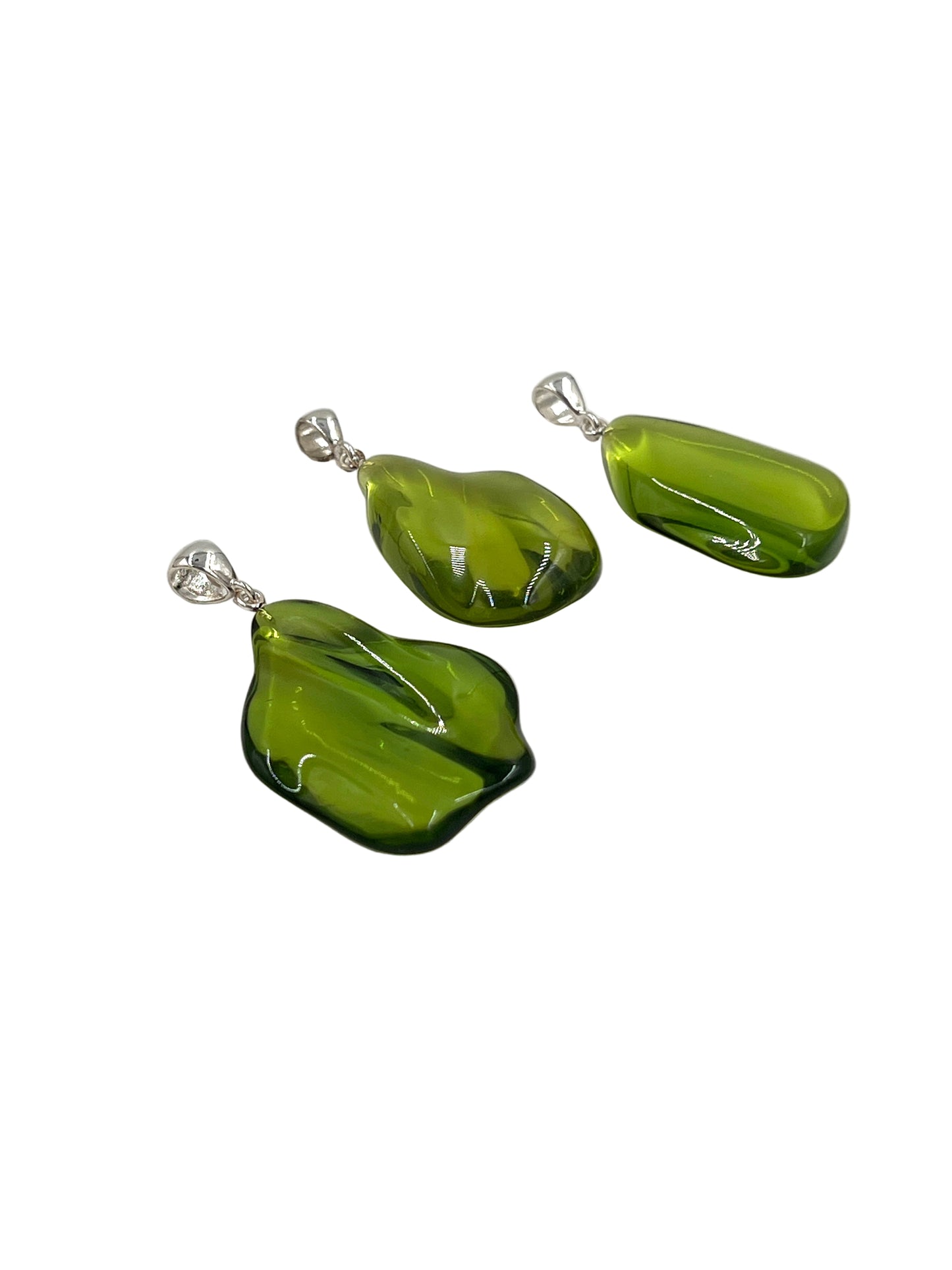 Silver Green Amber Freeform Pendants