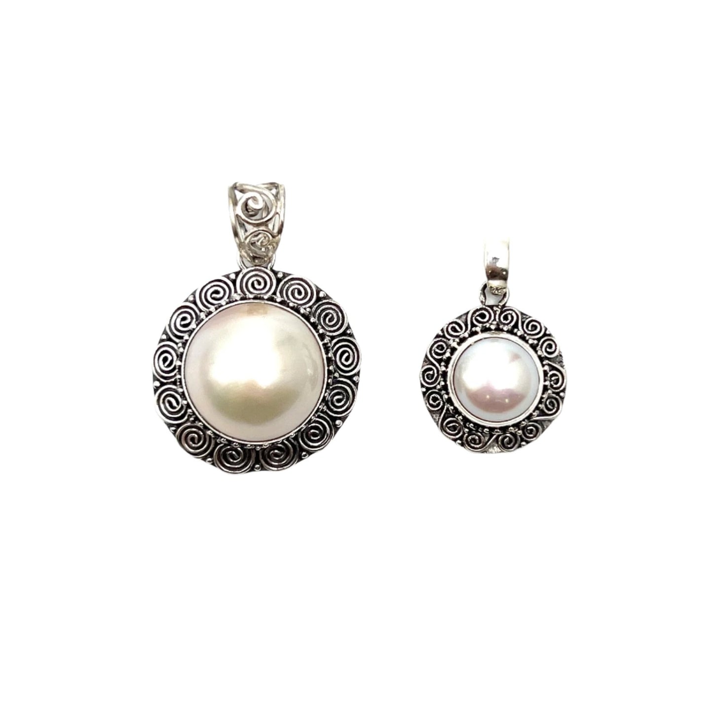 Sterling Silver Round Filigree Pearl Pendants