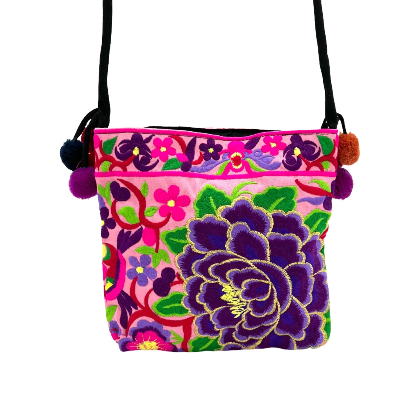Embroidered Lotus Crossbody Bags w/ Pompoms
