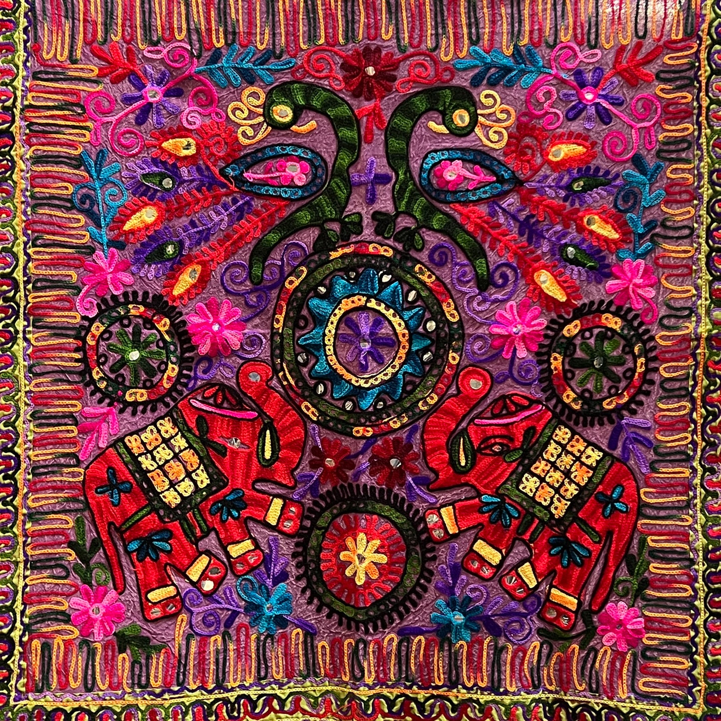 Elephant & Peacock Embroidered Wall Hanging 32"x 34"