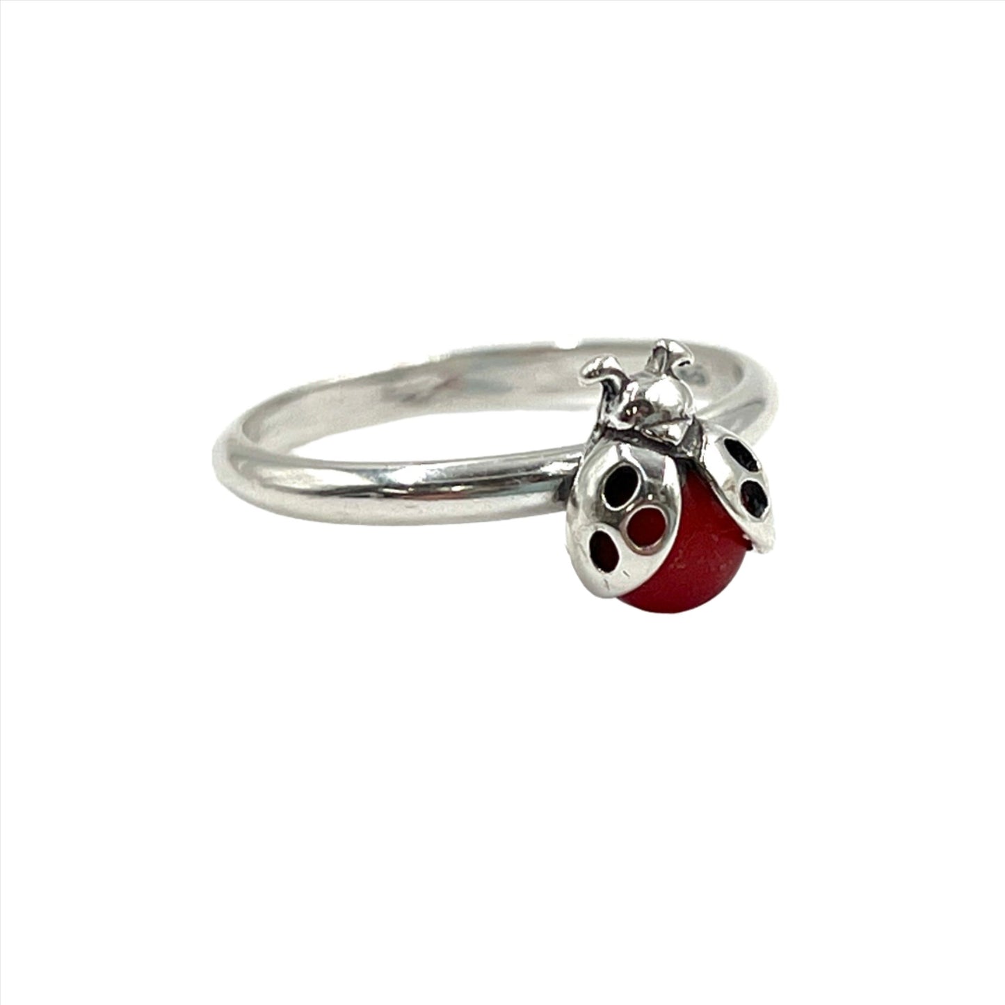 Coral LadyBug Sterling Silver Ring