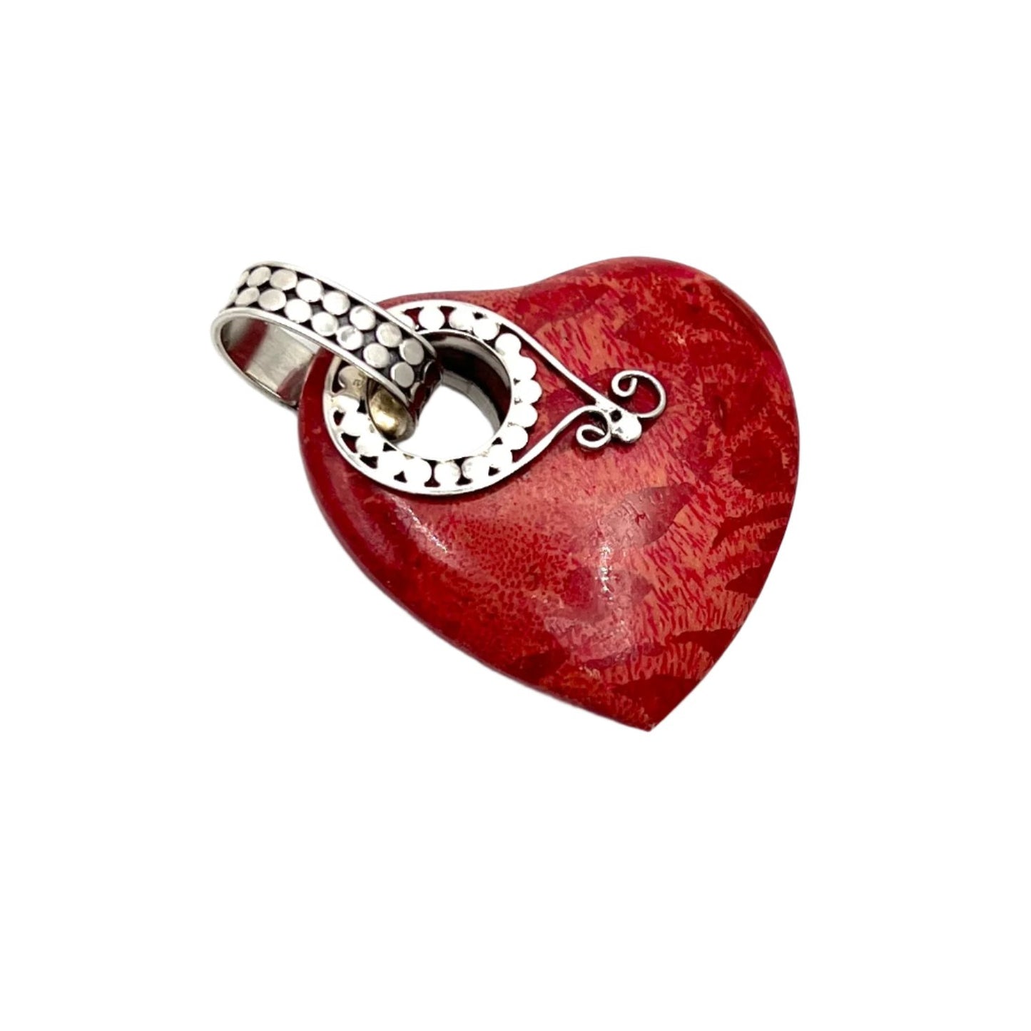Sterling Silver Red Coral Beaded Heart Pendant