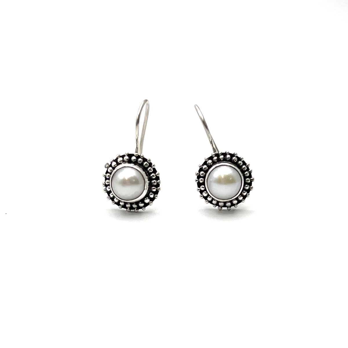 Sterling Silver Filigree Round Pearl Earrings