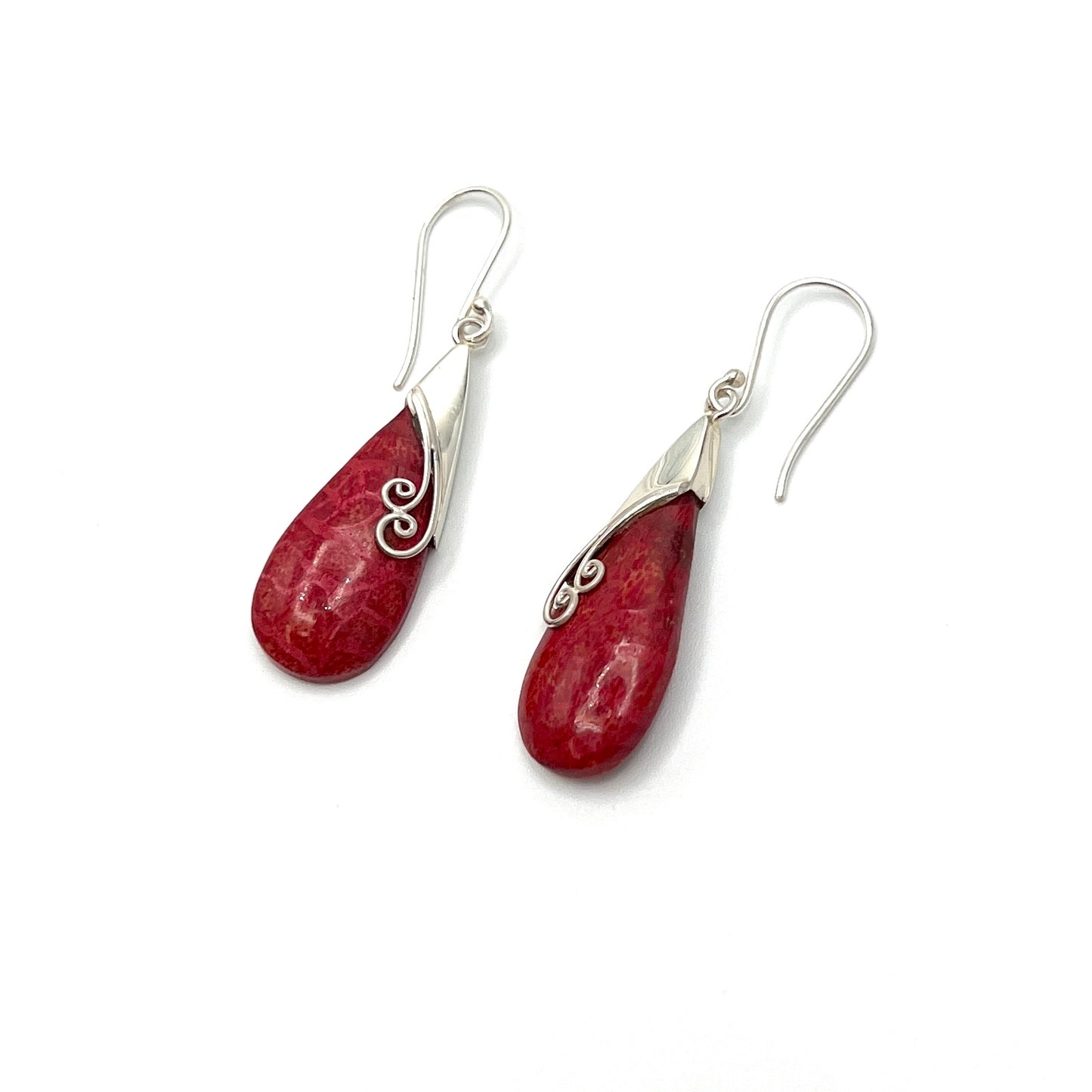 Sterling Silver Red Coral Swirl Earrings