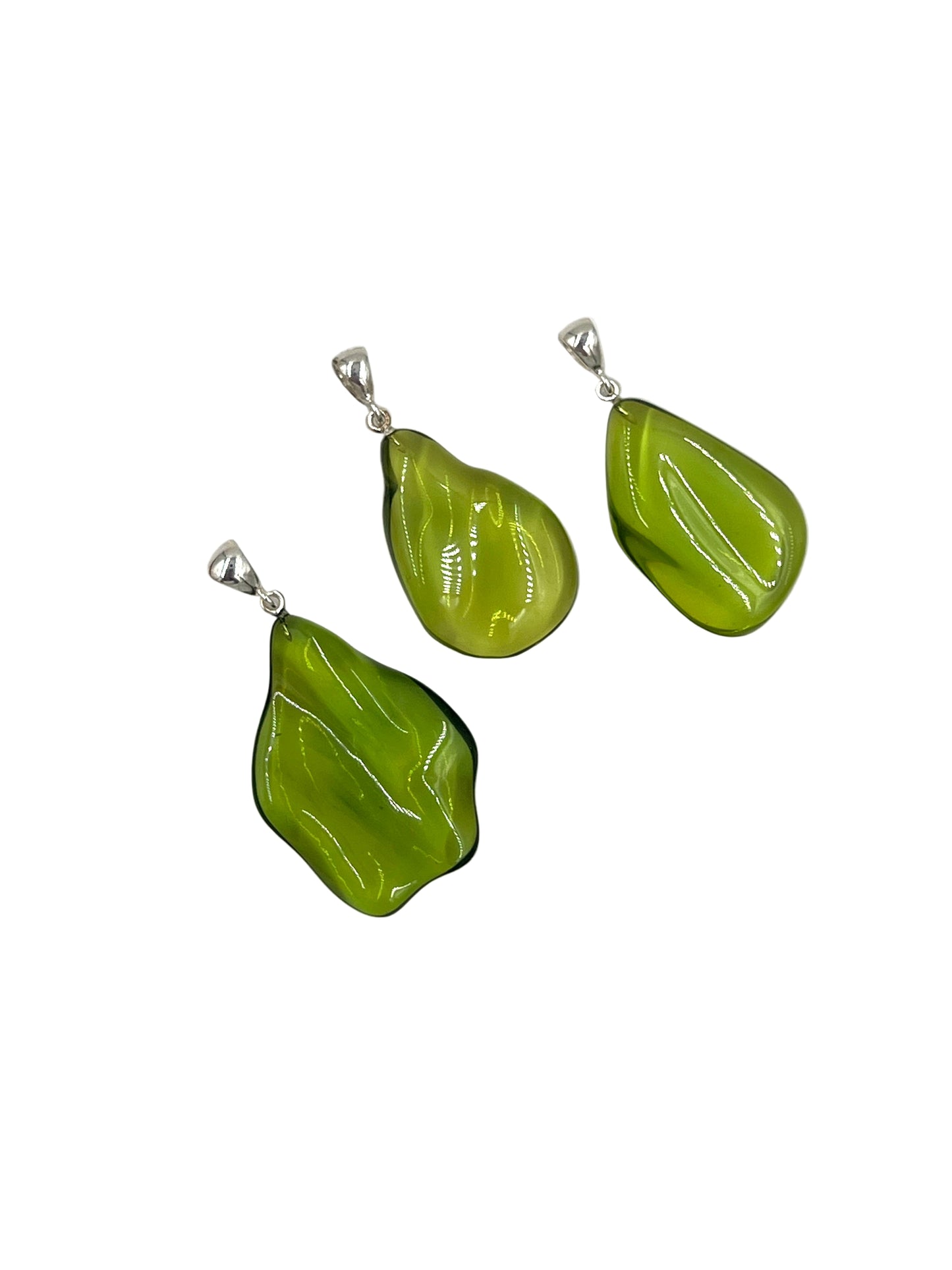 Silver Green Amber Freeform Pendants