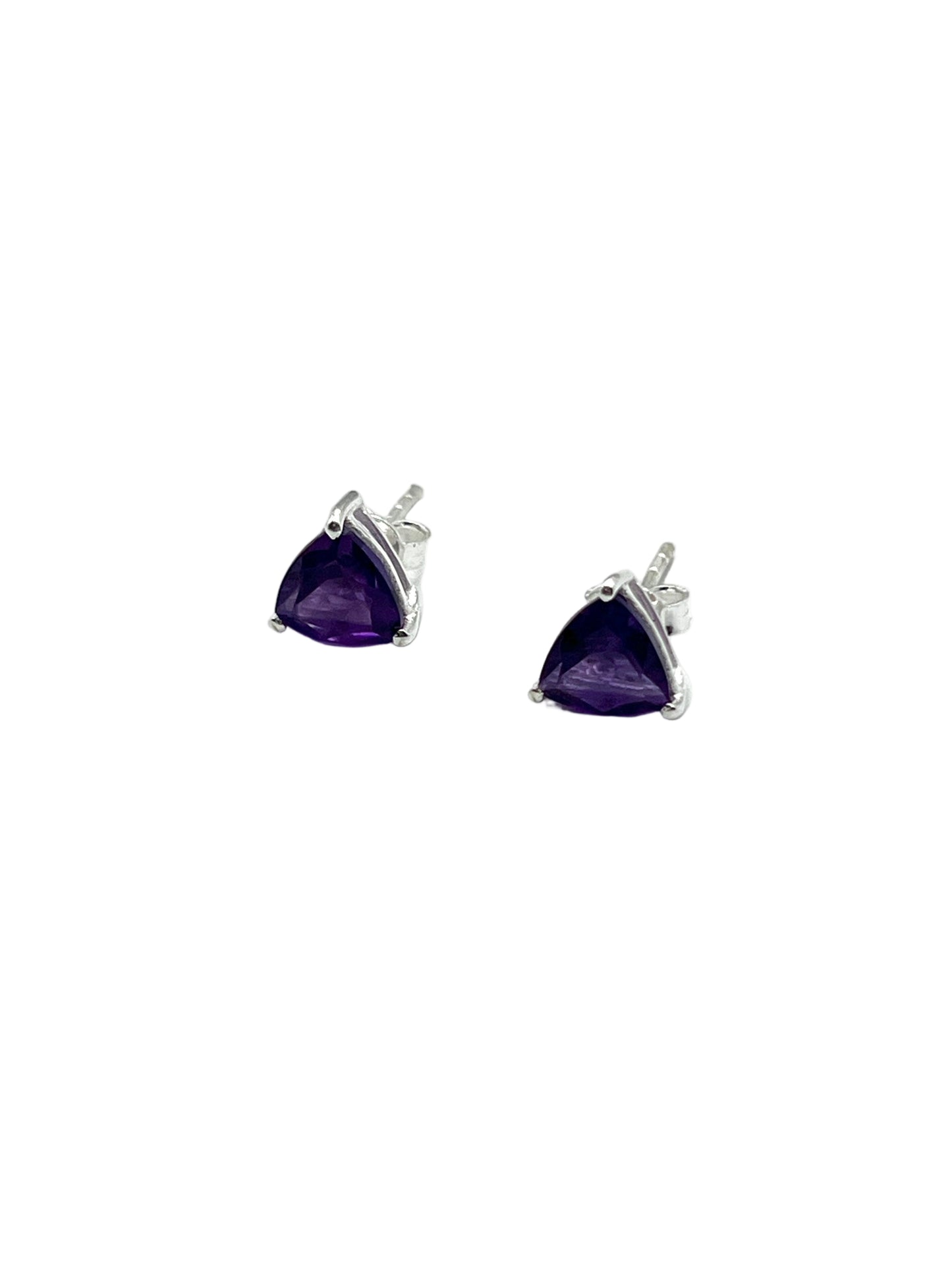Pair of purple gemstone stud earrings on a white background