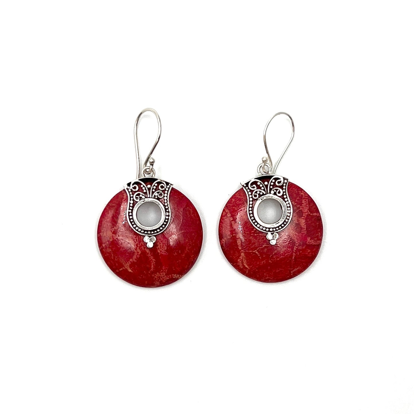 Sterling Silver Red Coral Circle Earrings