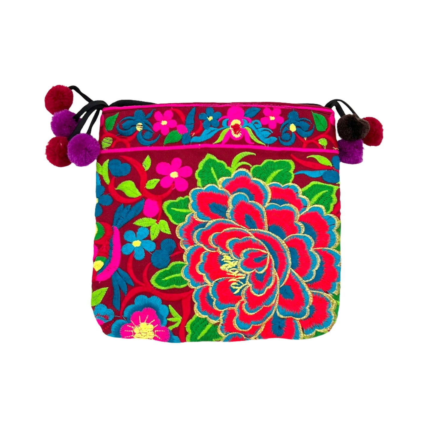 Embroidered Lotus Crossbody Bags w/ Pompoms