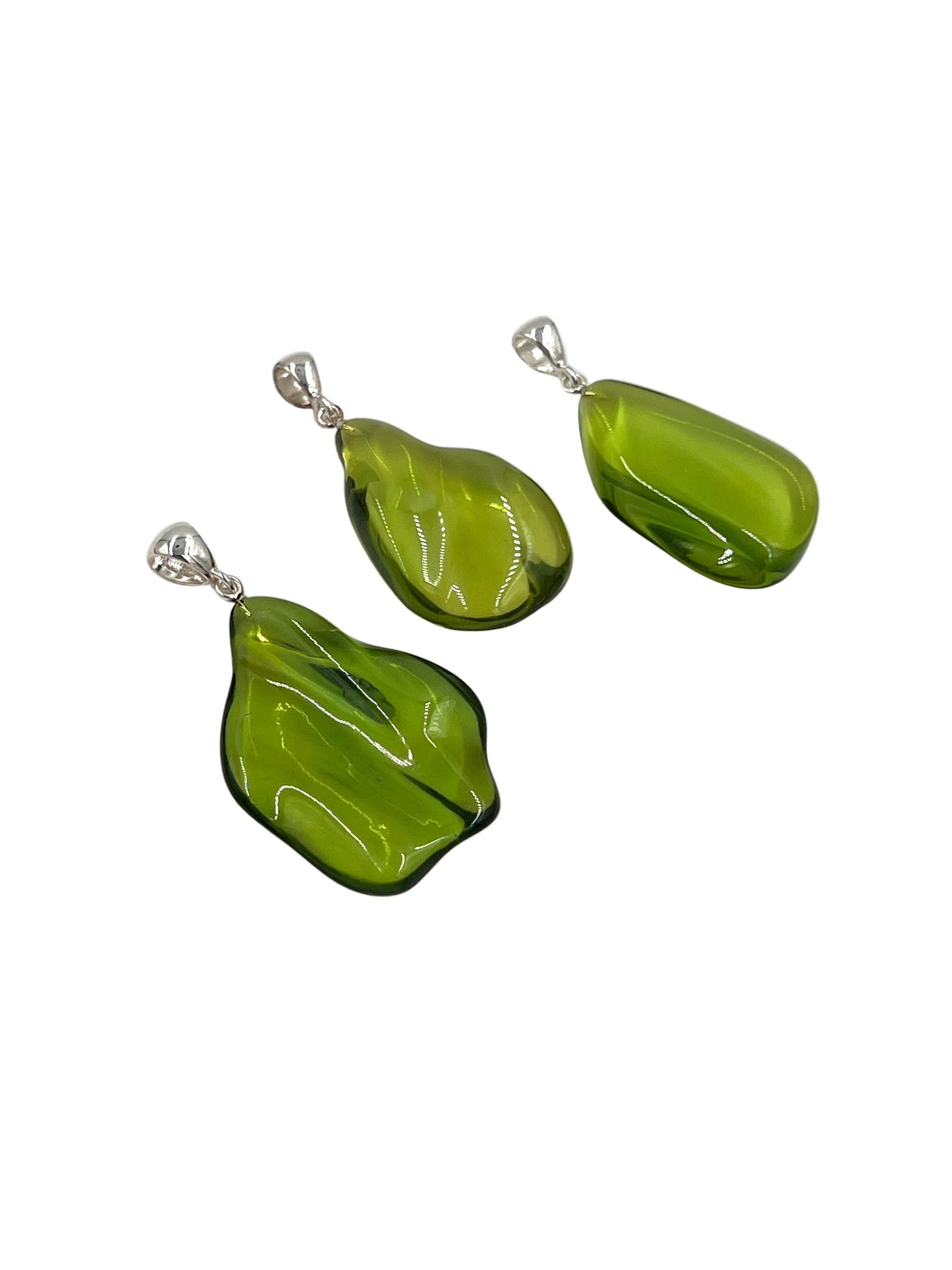 Silver Green Amber Freeform Pendants