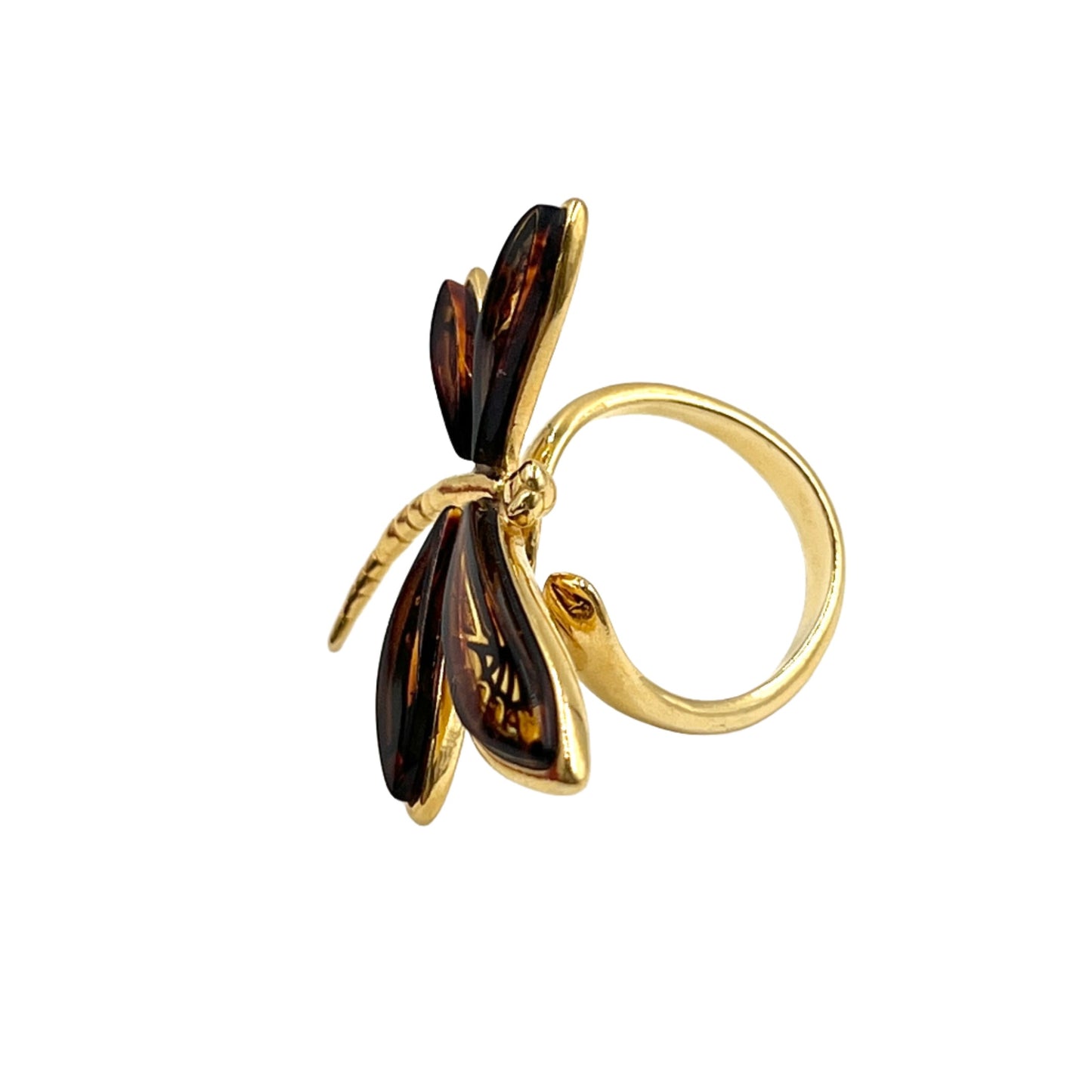 Gold Plated Silver Amber Dragonfly Ring