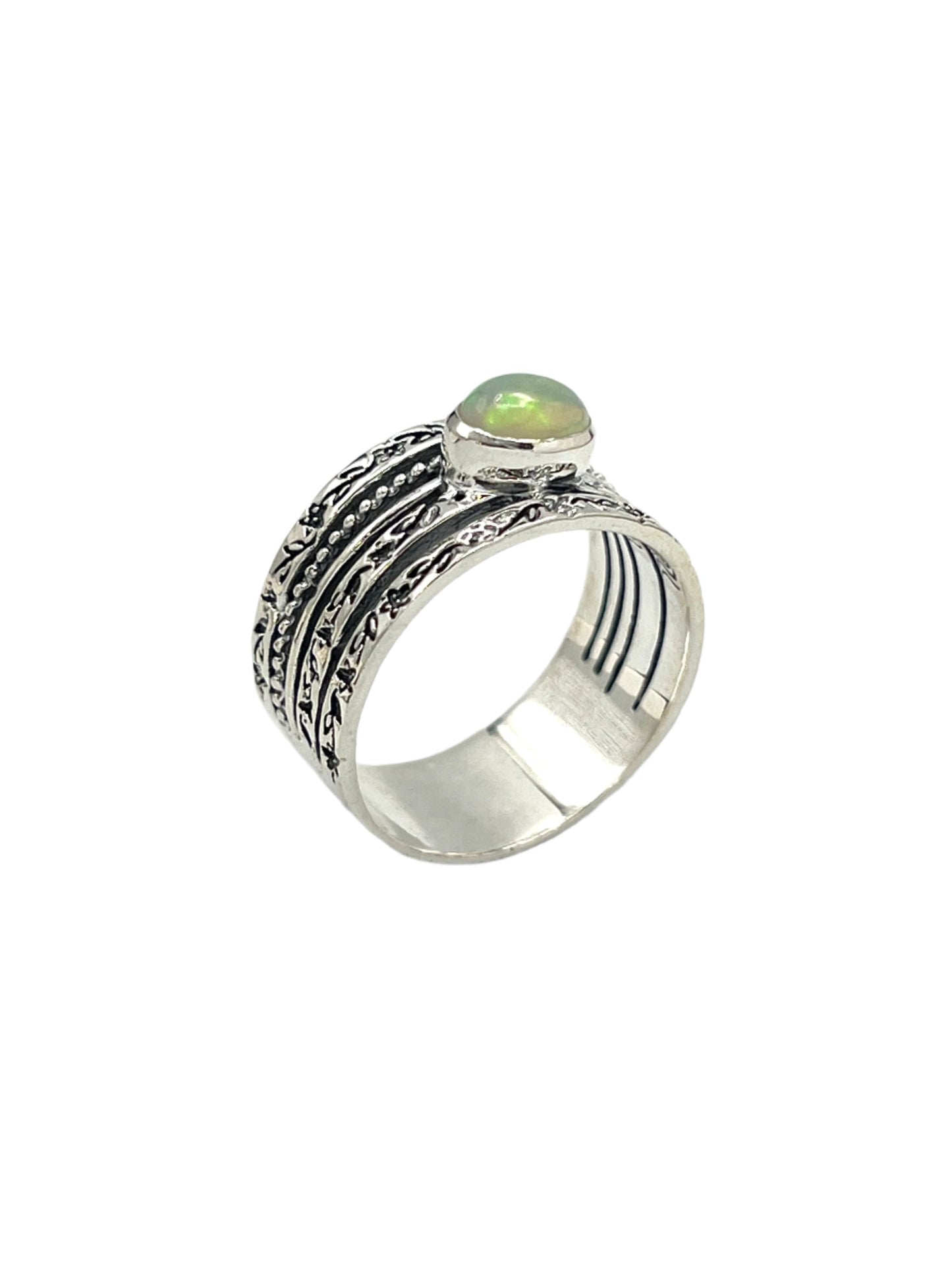 Sterling Silver Oval Opal Flower Band Ring