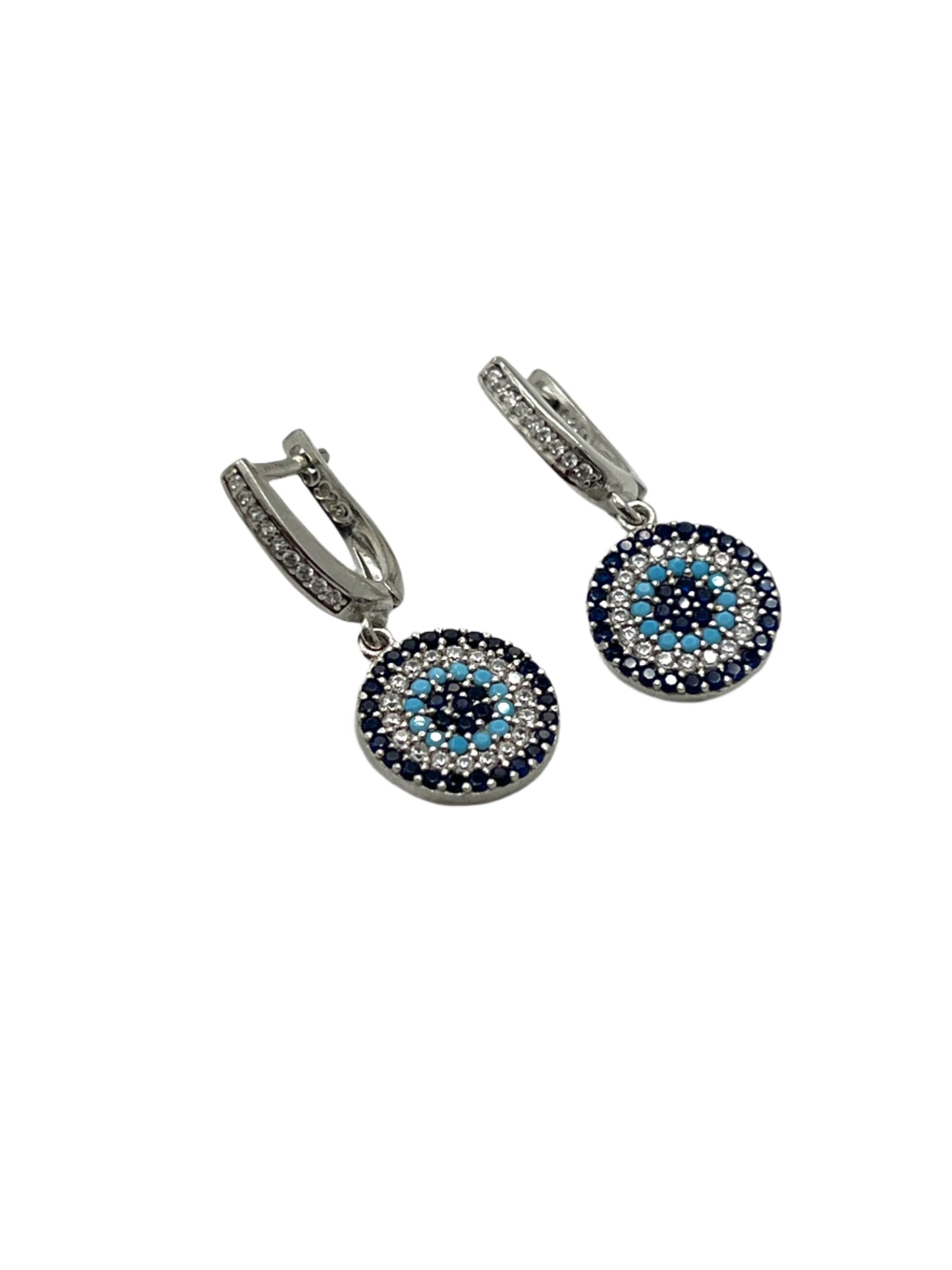Silver Evil Eye Flat Dangle Earrings