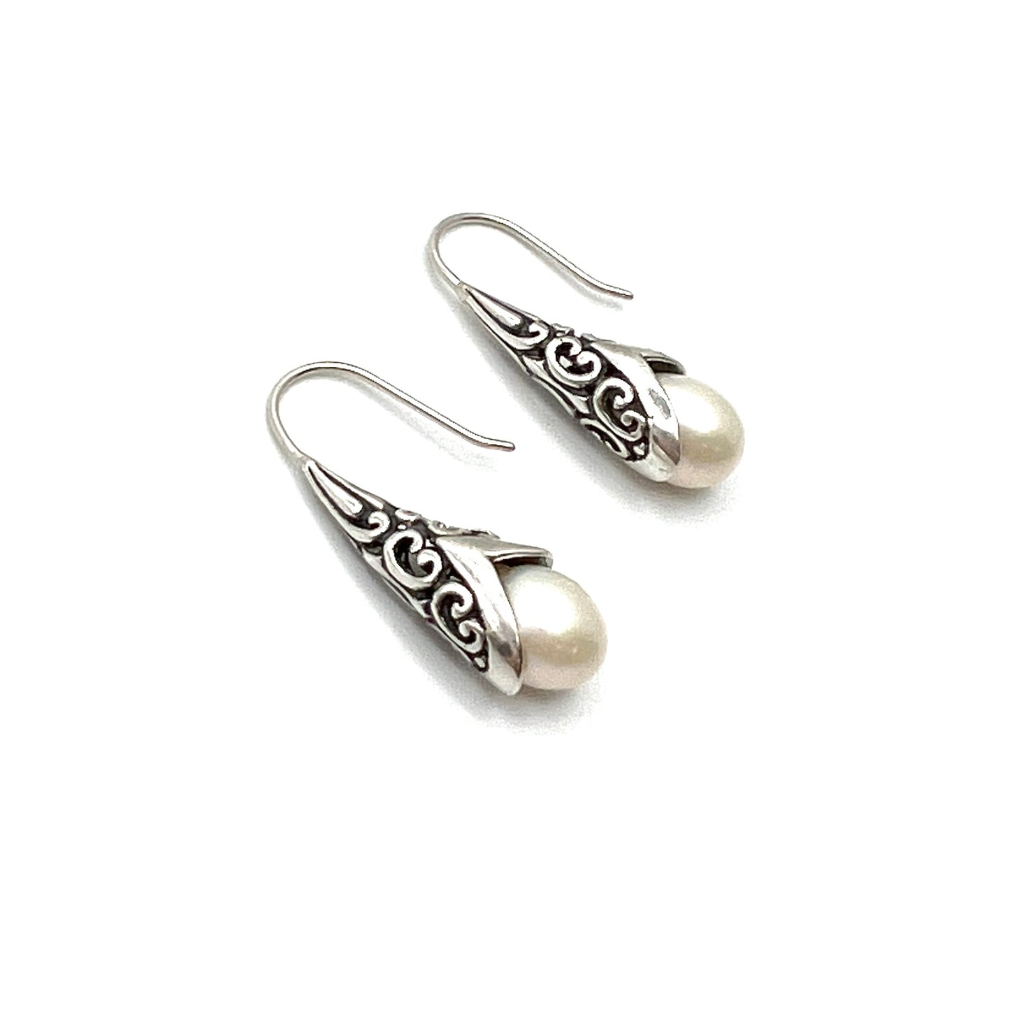 Sterling Silver Filigree Drop Pearl Earrings