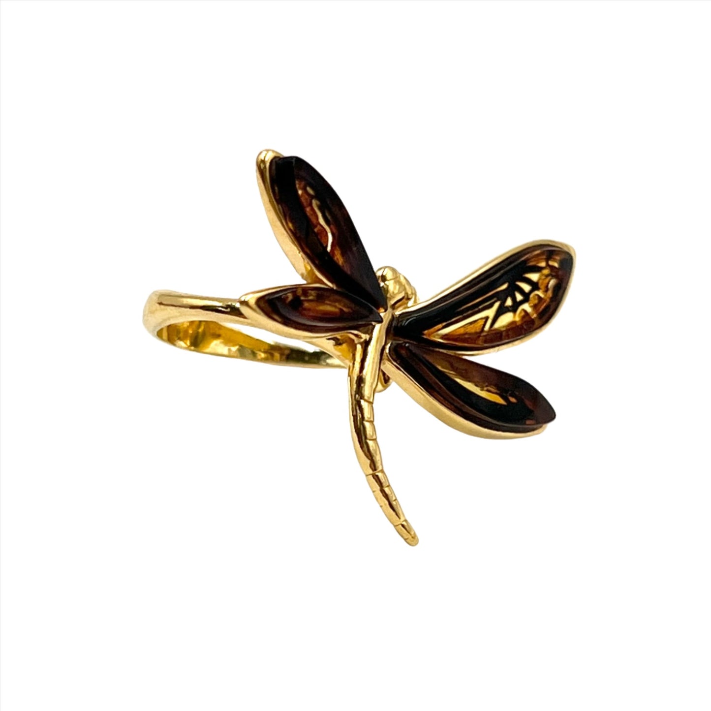 Gold Plated Silver Amber Dragonfly Ring