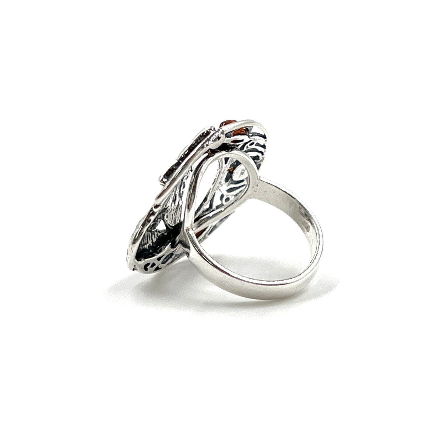 Sterling Silver Amber Wolf Howling Ring