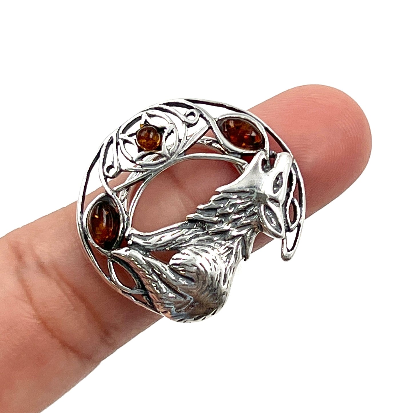 Sterling Silver Amber Wolf Howling Ring