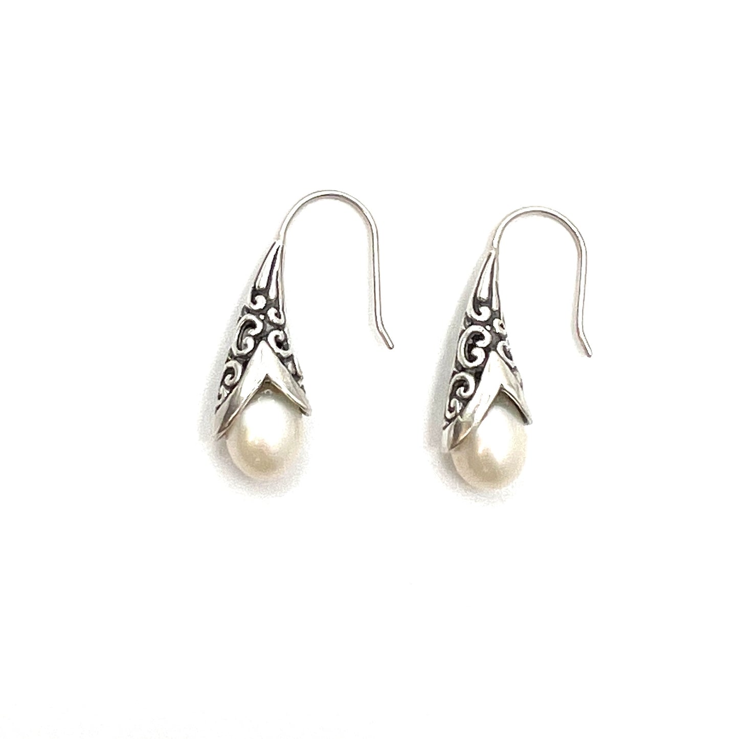 Sterling Silver Filigree Drop Pearl Earrings