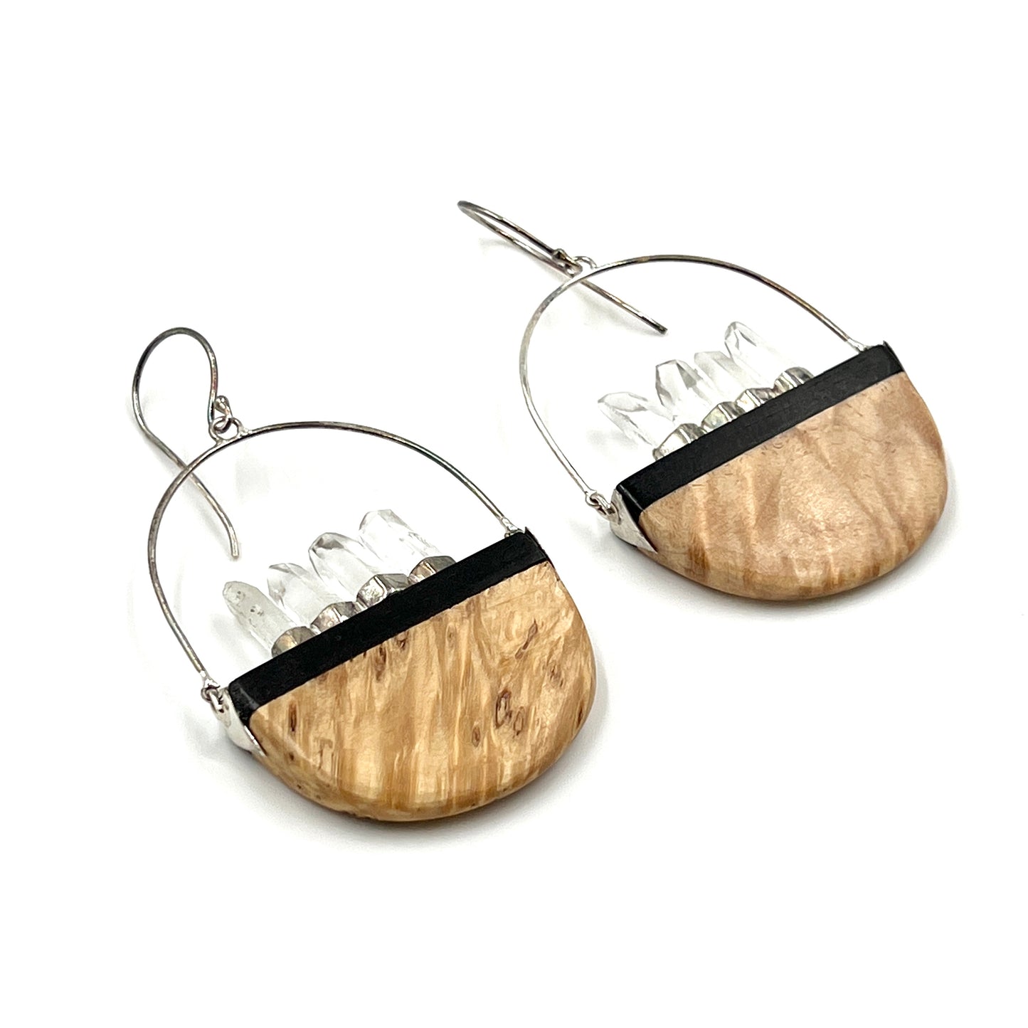 Sterling Silver Clear Quartz & Burl Wood Earrings