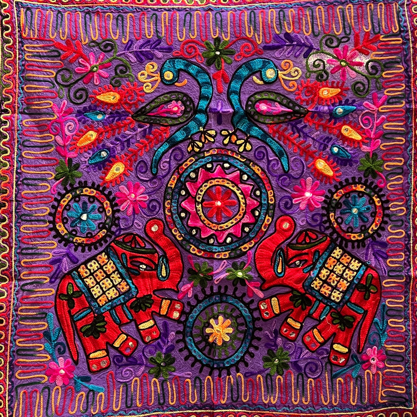 Elephant & Peacock Embroidered Wall Hanging 32"x 34"