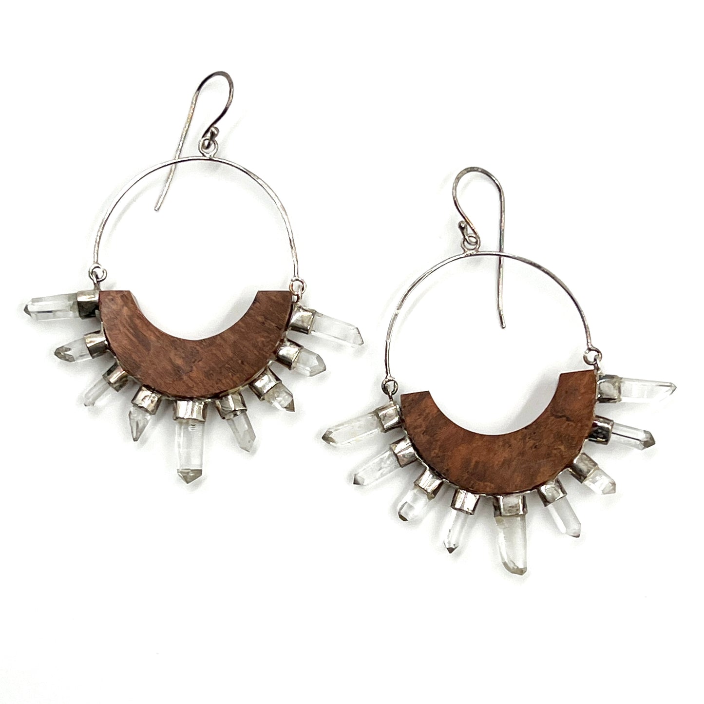Sterling Silver Clear Quartz & Burl Wood Earrings
