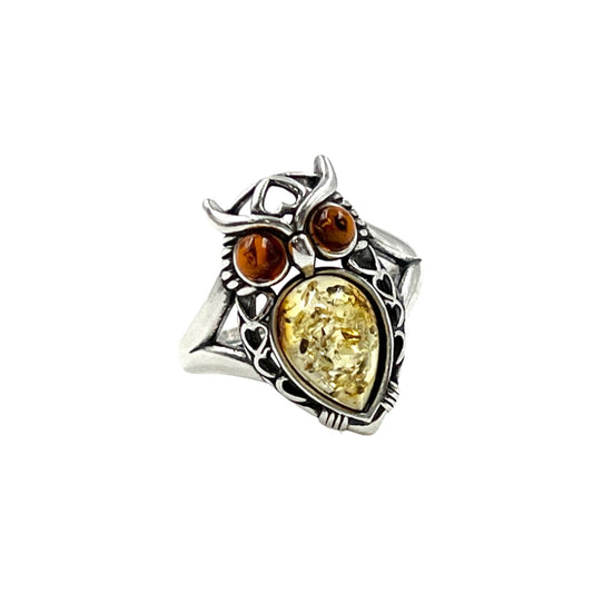 Sterling Silver Amber Owl Ring