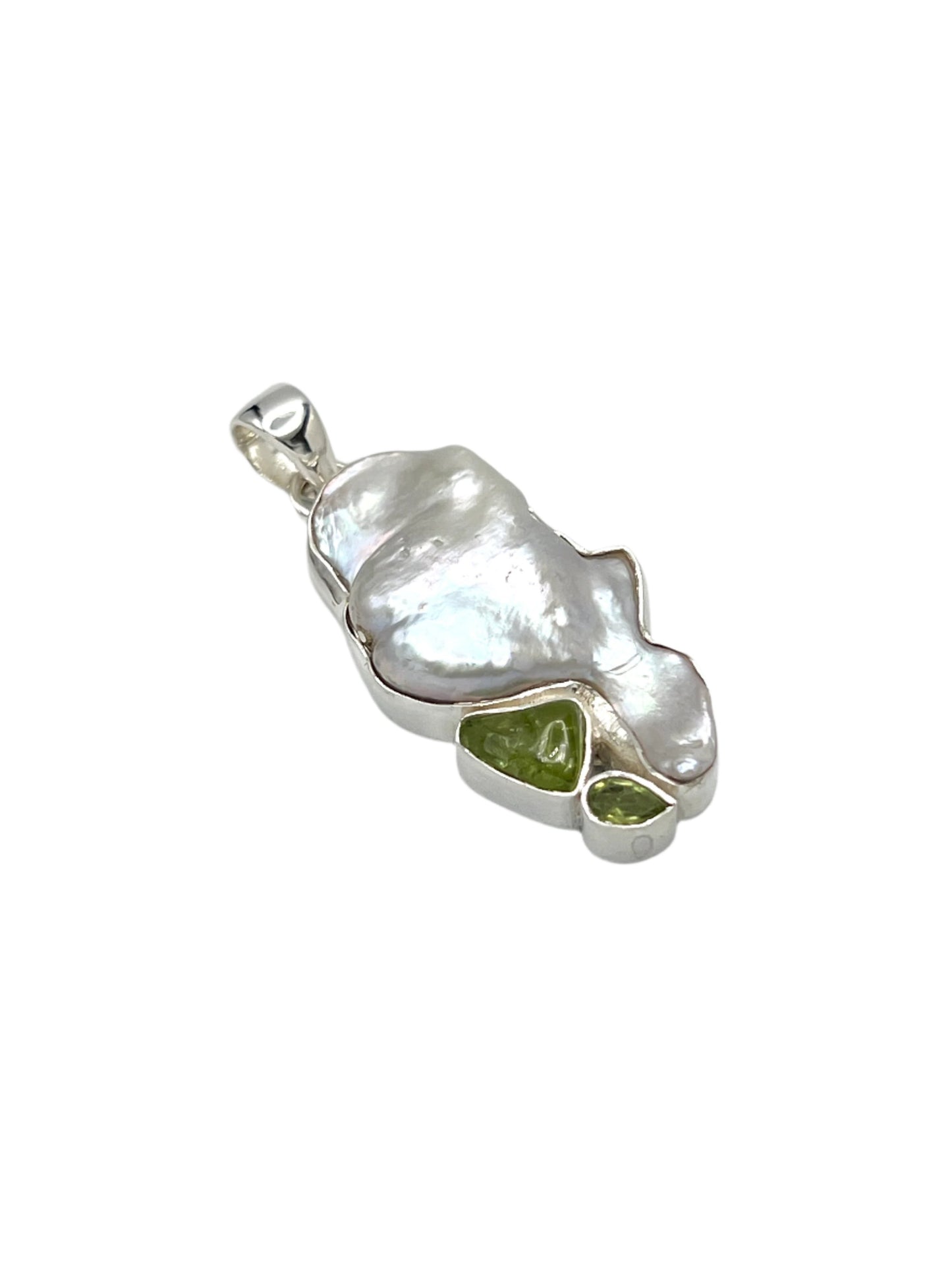 Silver Pearl, Peridot & Green Kyanite Pendants