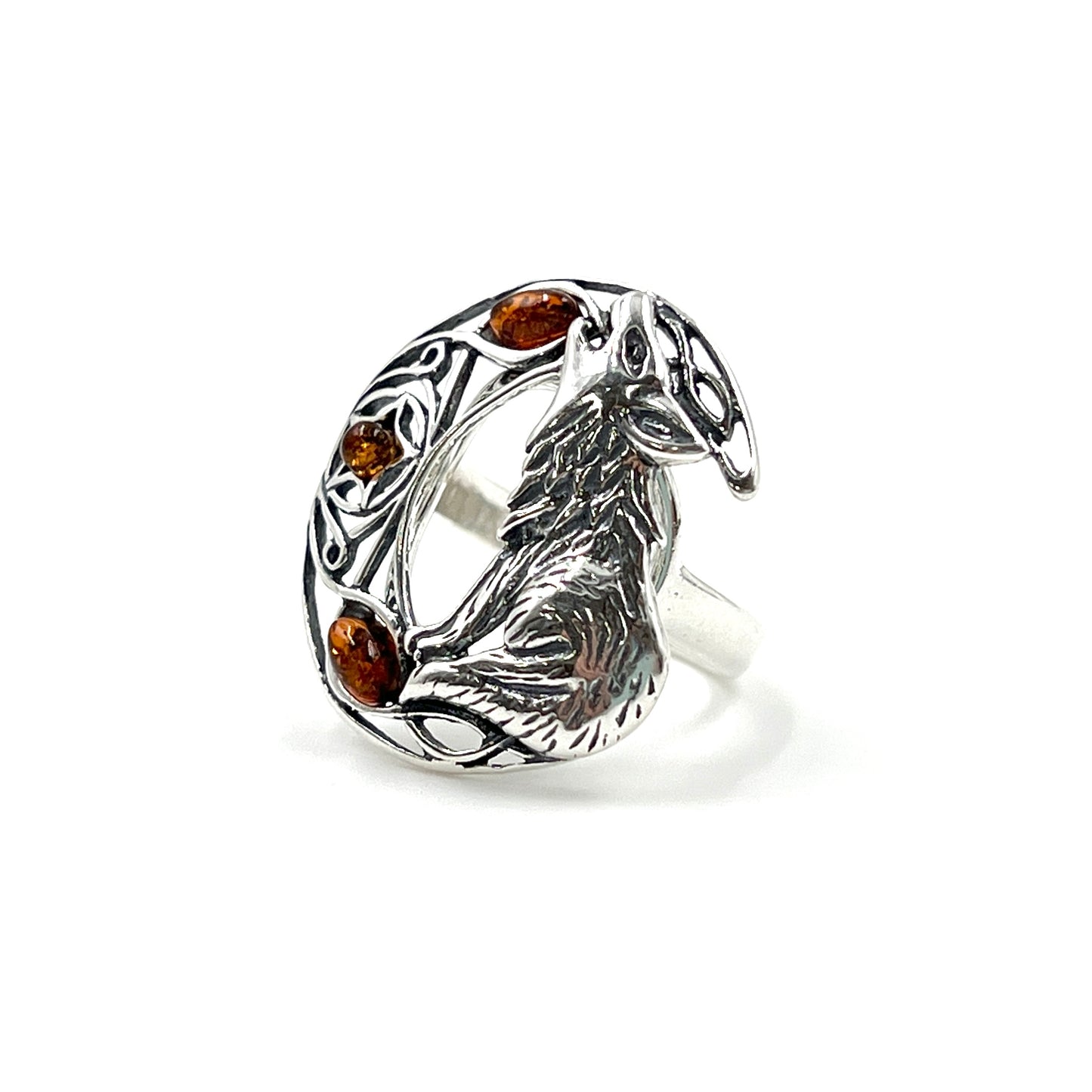 Sterling Silver Amber Wolf Howling Ring