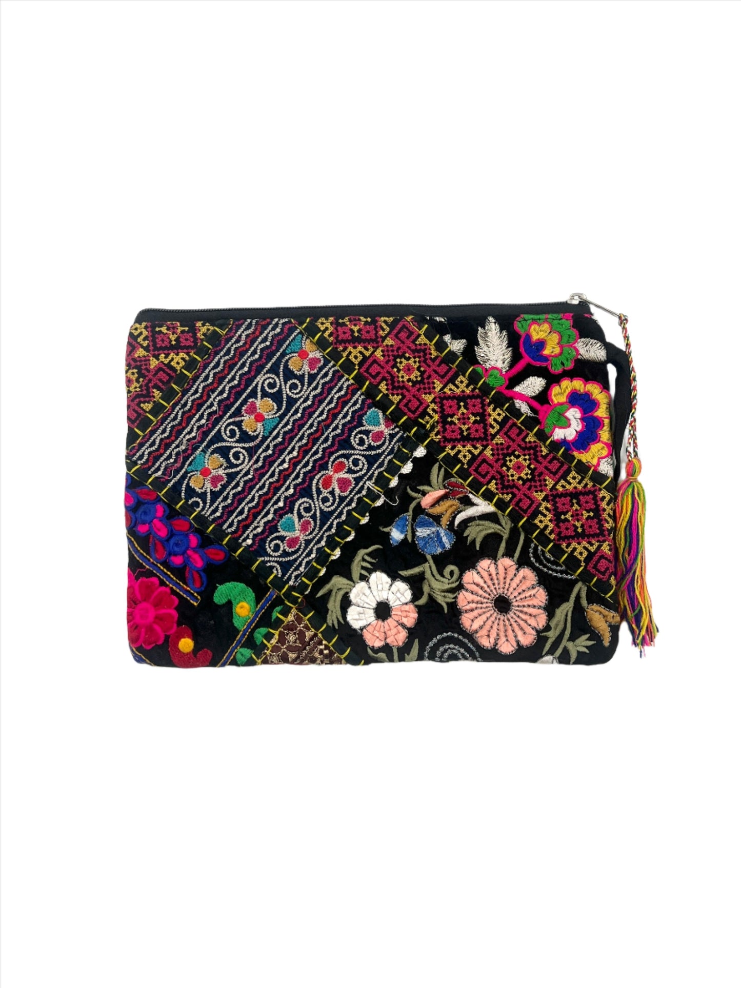 Rectangle Recycled Hand Embroidered Rajasthani Zipper Bag | Tassel