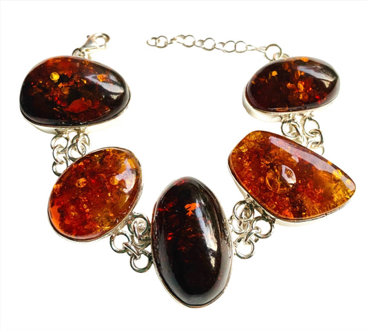 Large Stone Sterling Silver Amber Link Bracelet