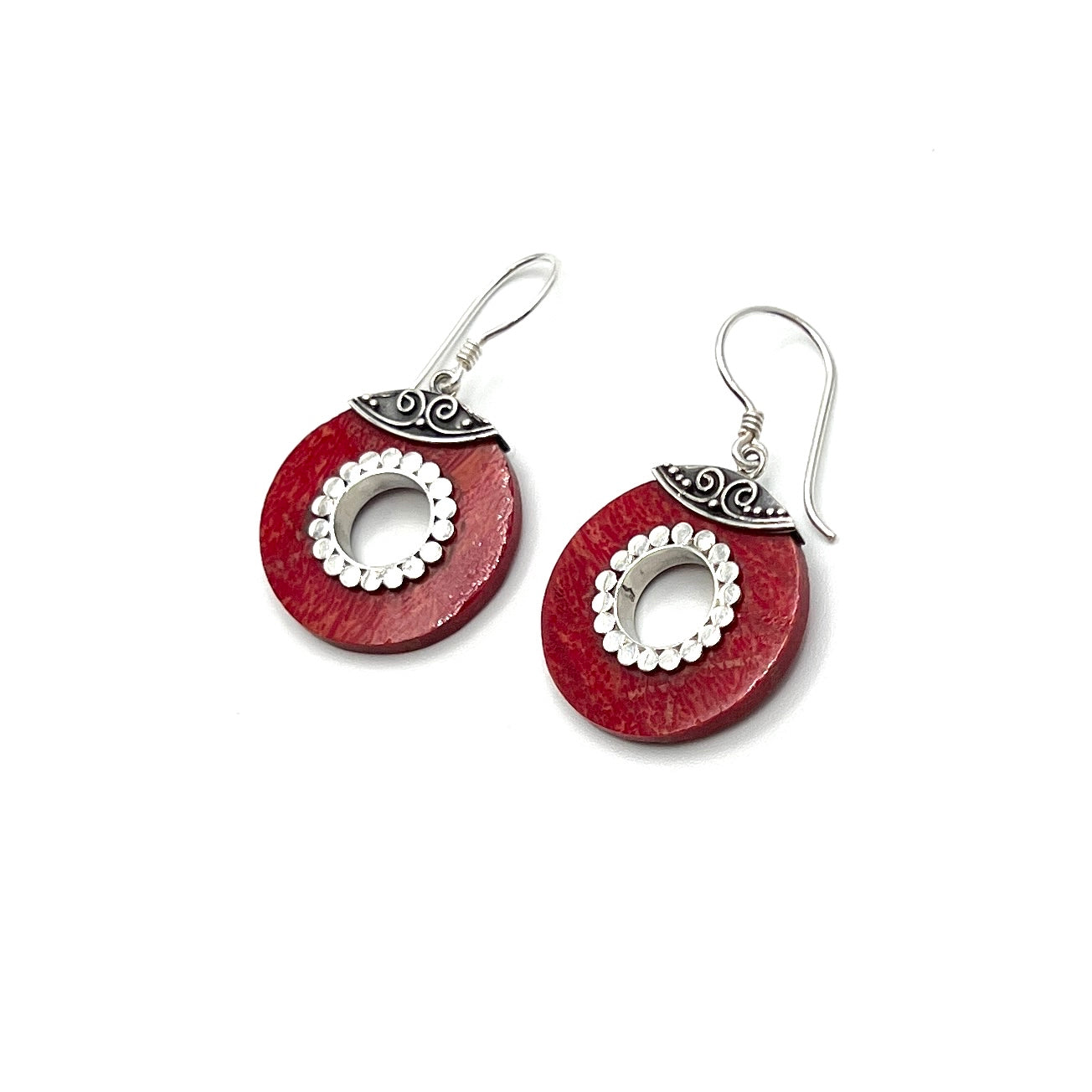 Sterling Silver Red Coral Circle Earrings