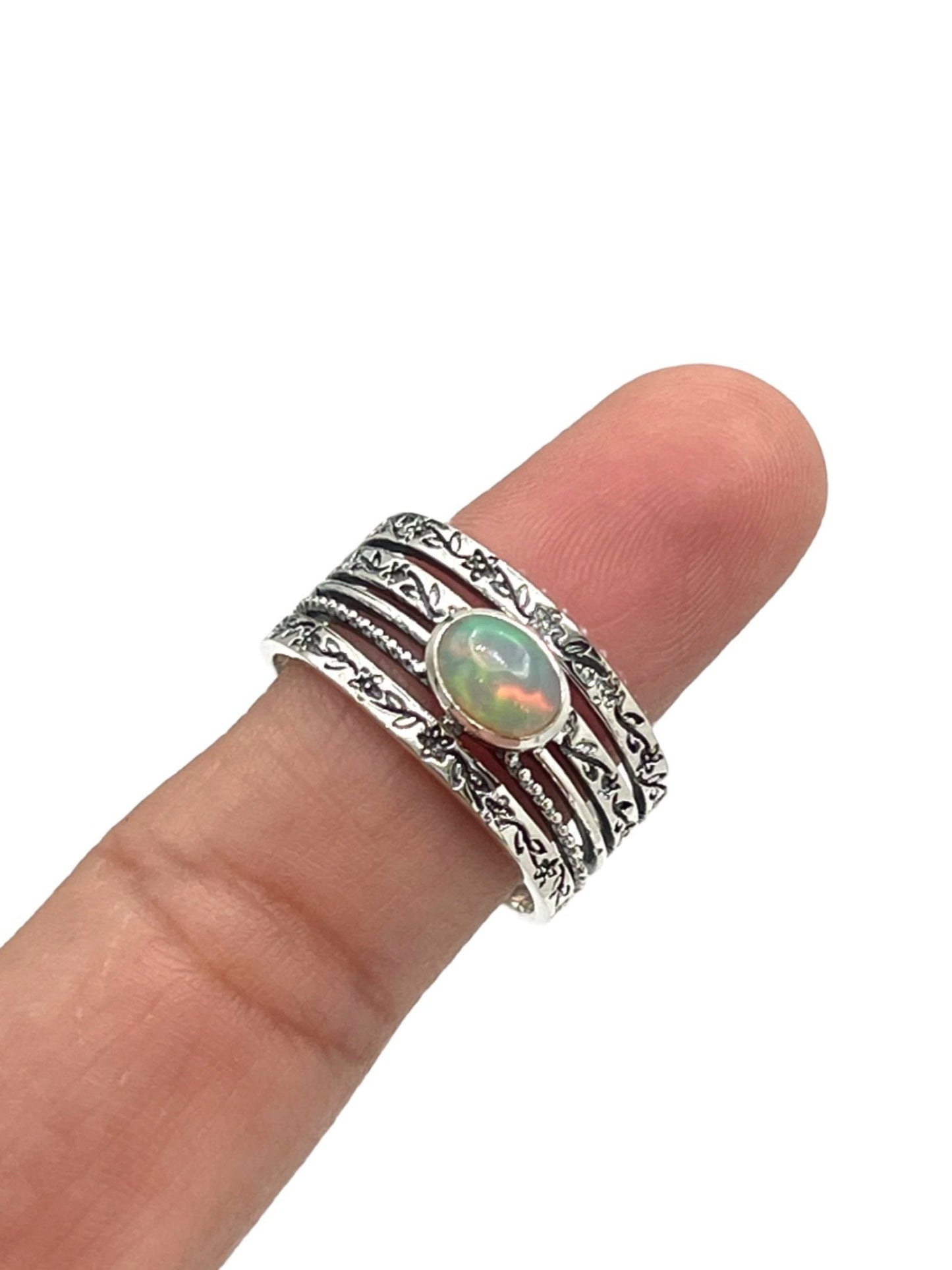 Sterling Silver Oval Opal Flower Band Ring