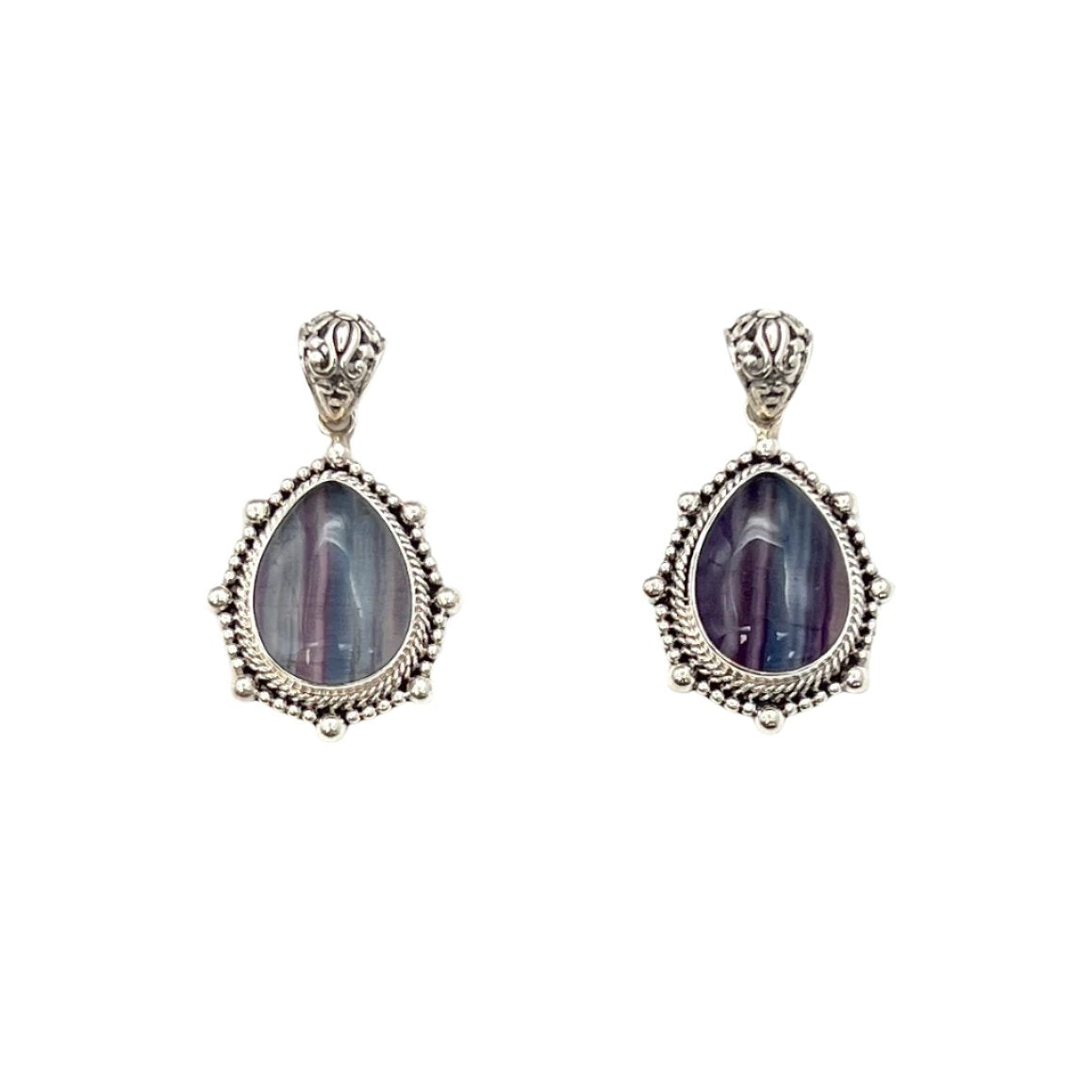 Sterling Silver Beaded Fluorite Teardrop Pendants