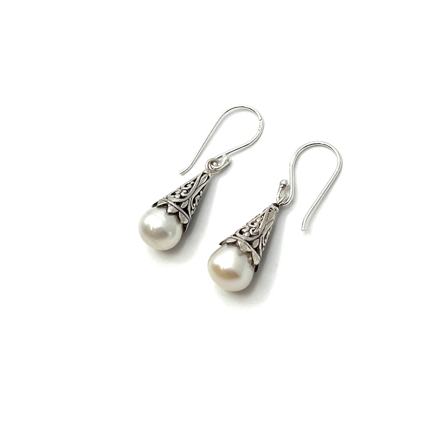 Sterling Silver Filigree Drop Pearl Earrings