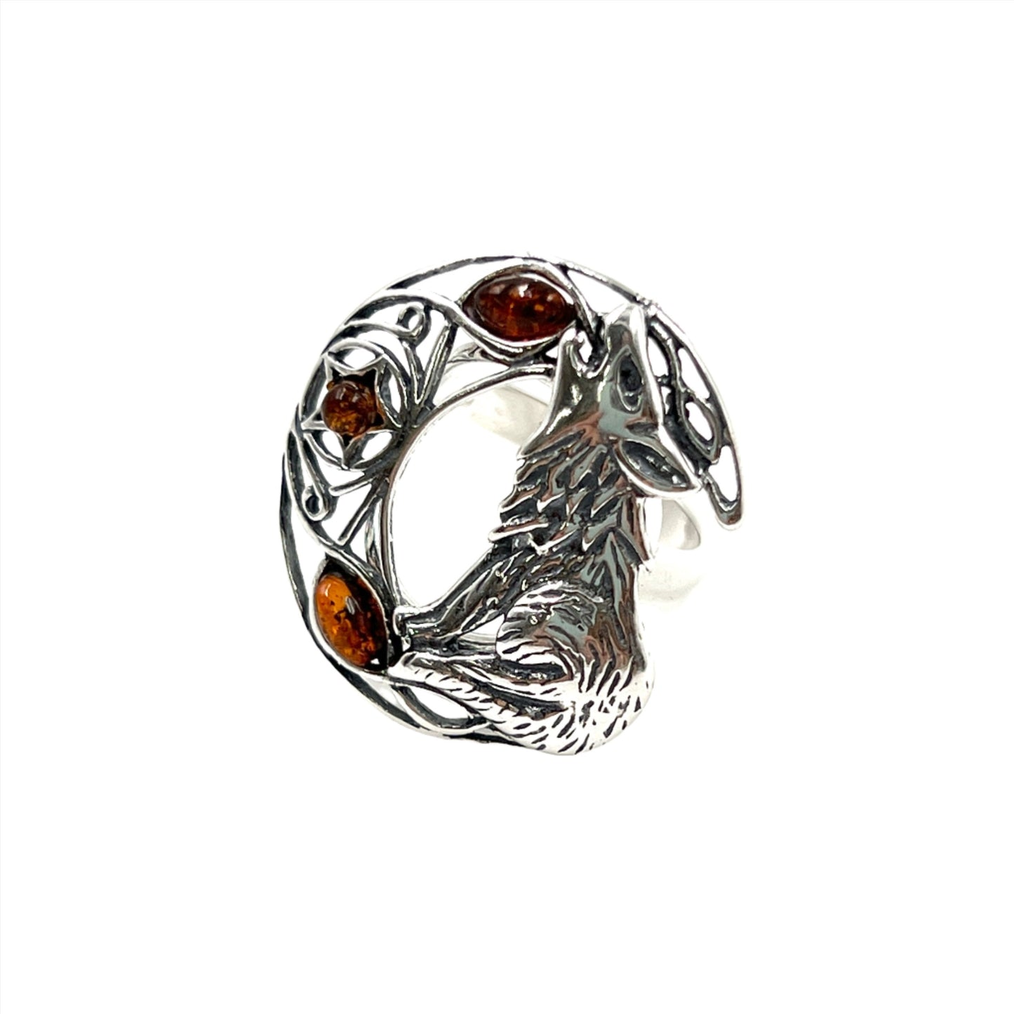 Sterling Silver Amber Wolf Howling Ring