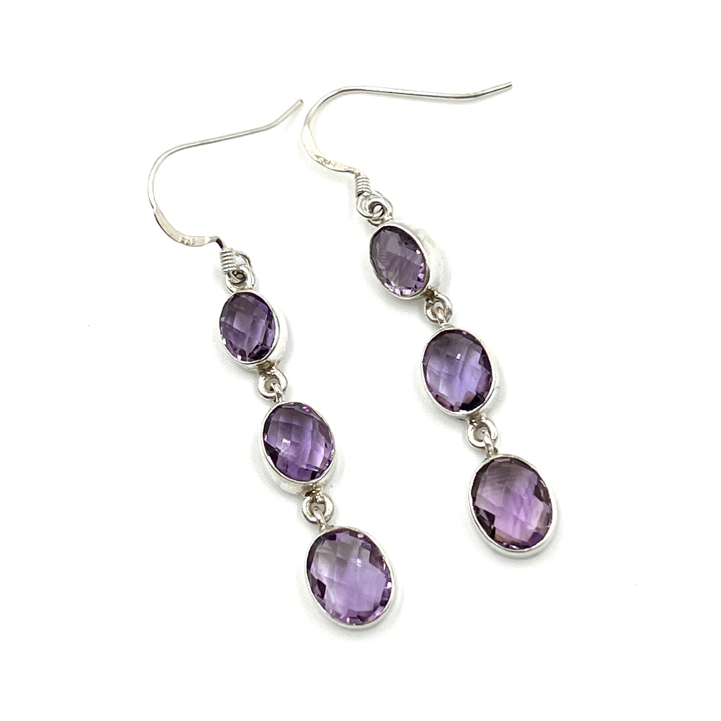 Sterling Silver Faceted Triple Amethyst Earrings