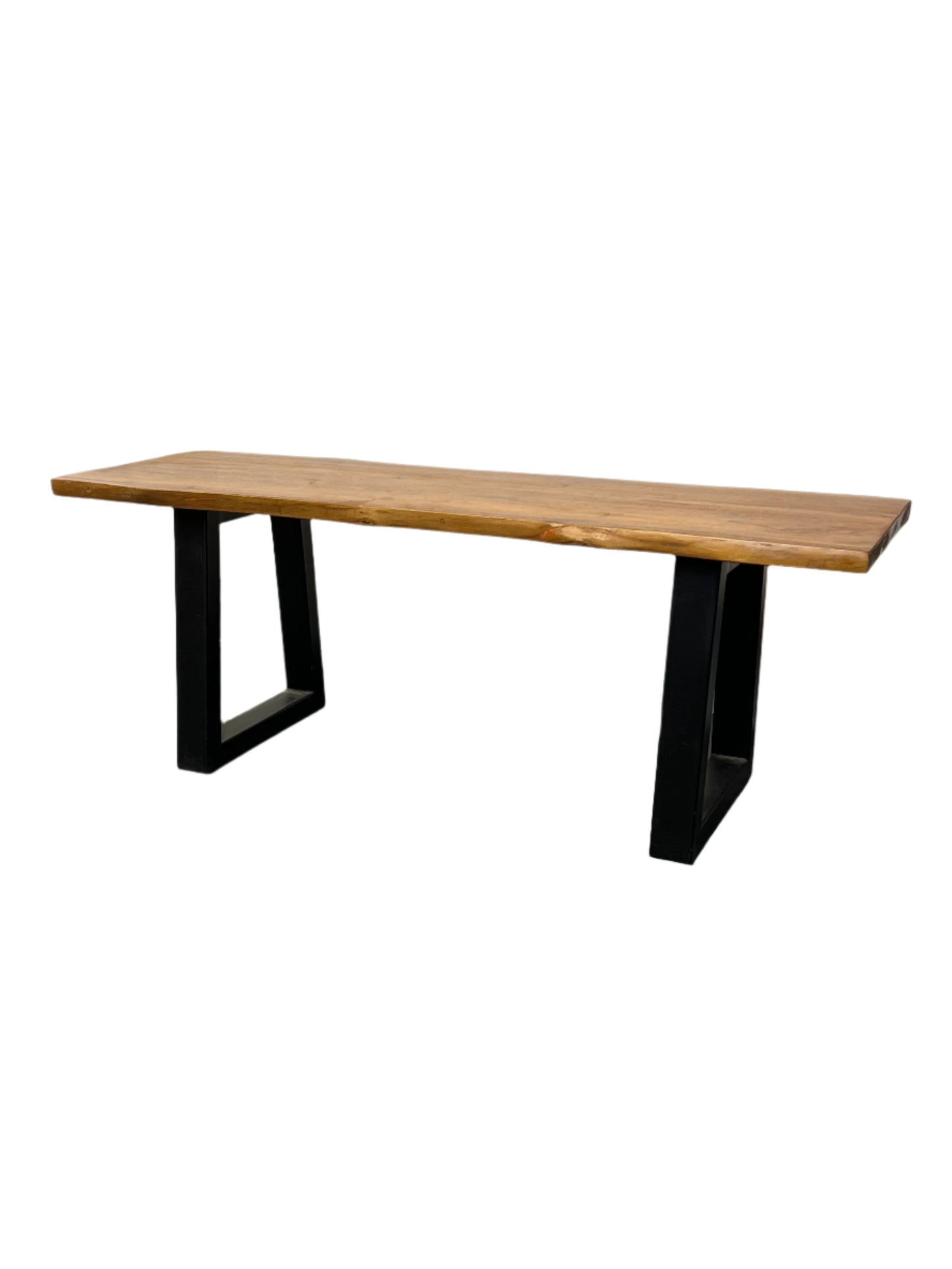 A bench made of teakwood with black iron legs.