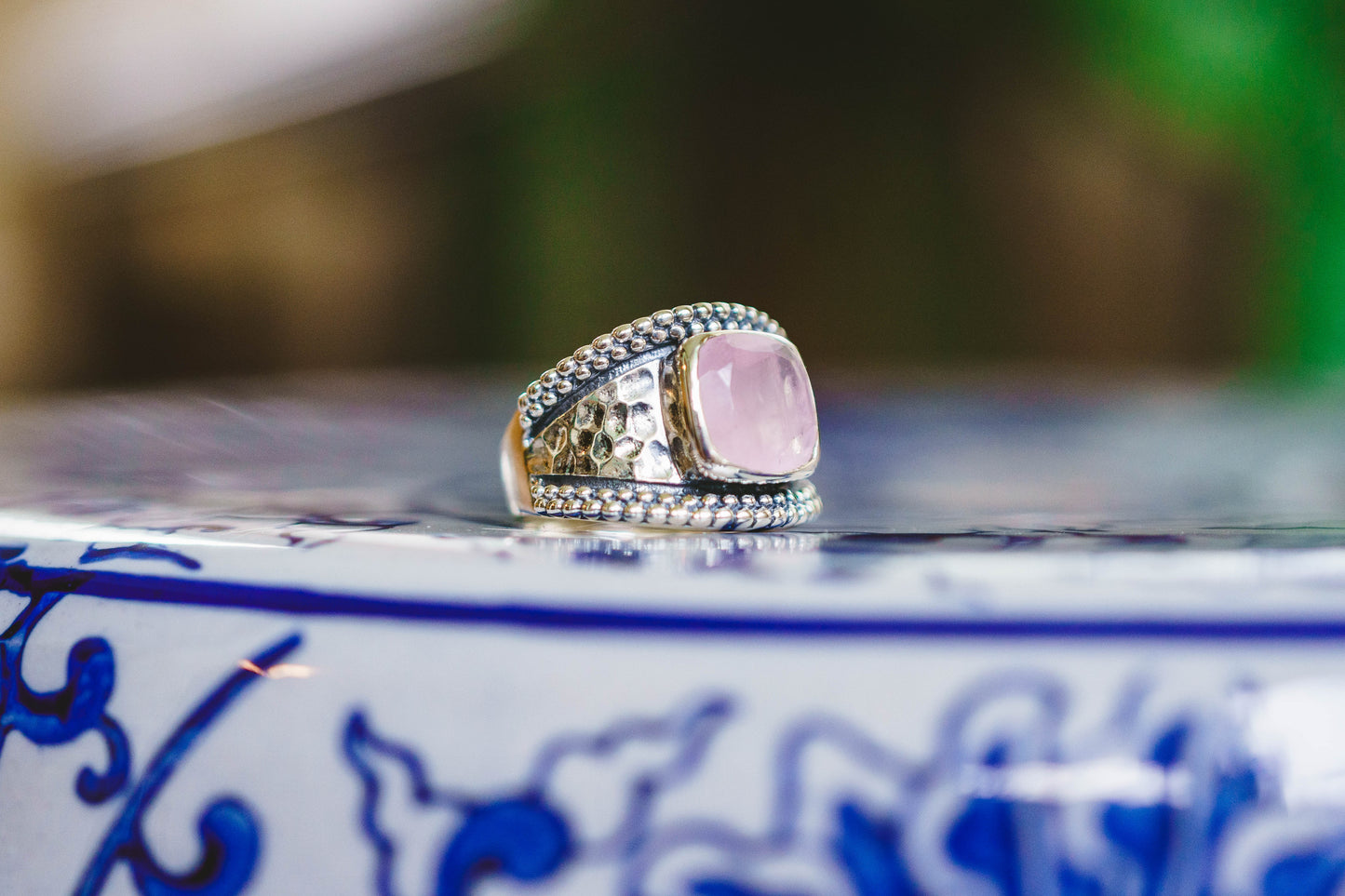 Sterling Silver Square Gemstone Hammered Rings