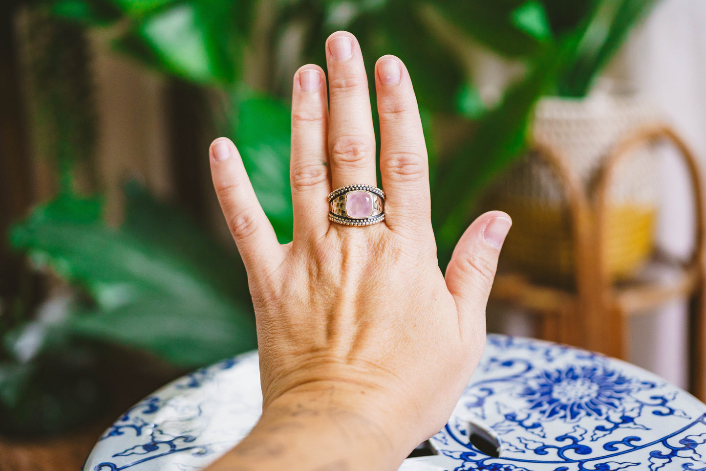 Sterling Silver Square Gemstone Hammered Rings