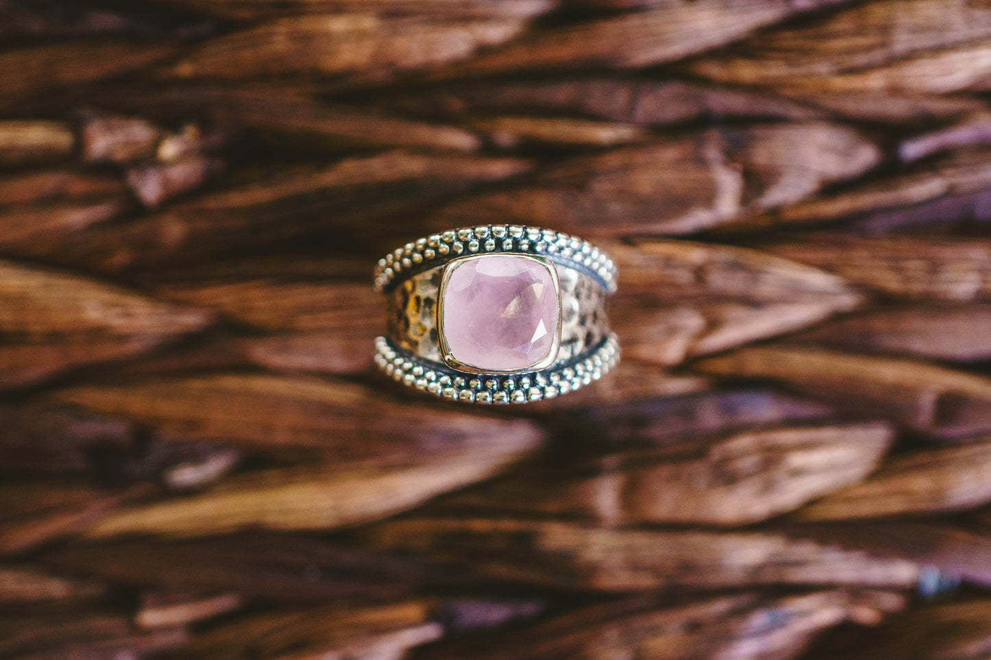 Sterling Silver Square Gemstone Hammered Rings