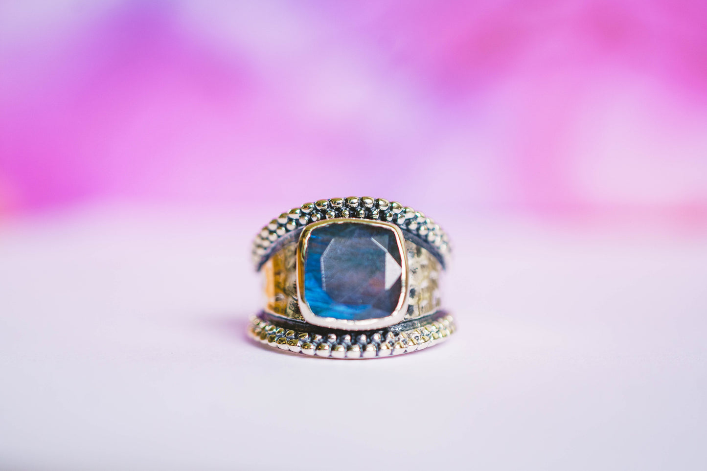 Sterling Silver Square Gemstone Hammered Rings
